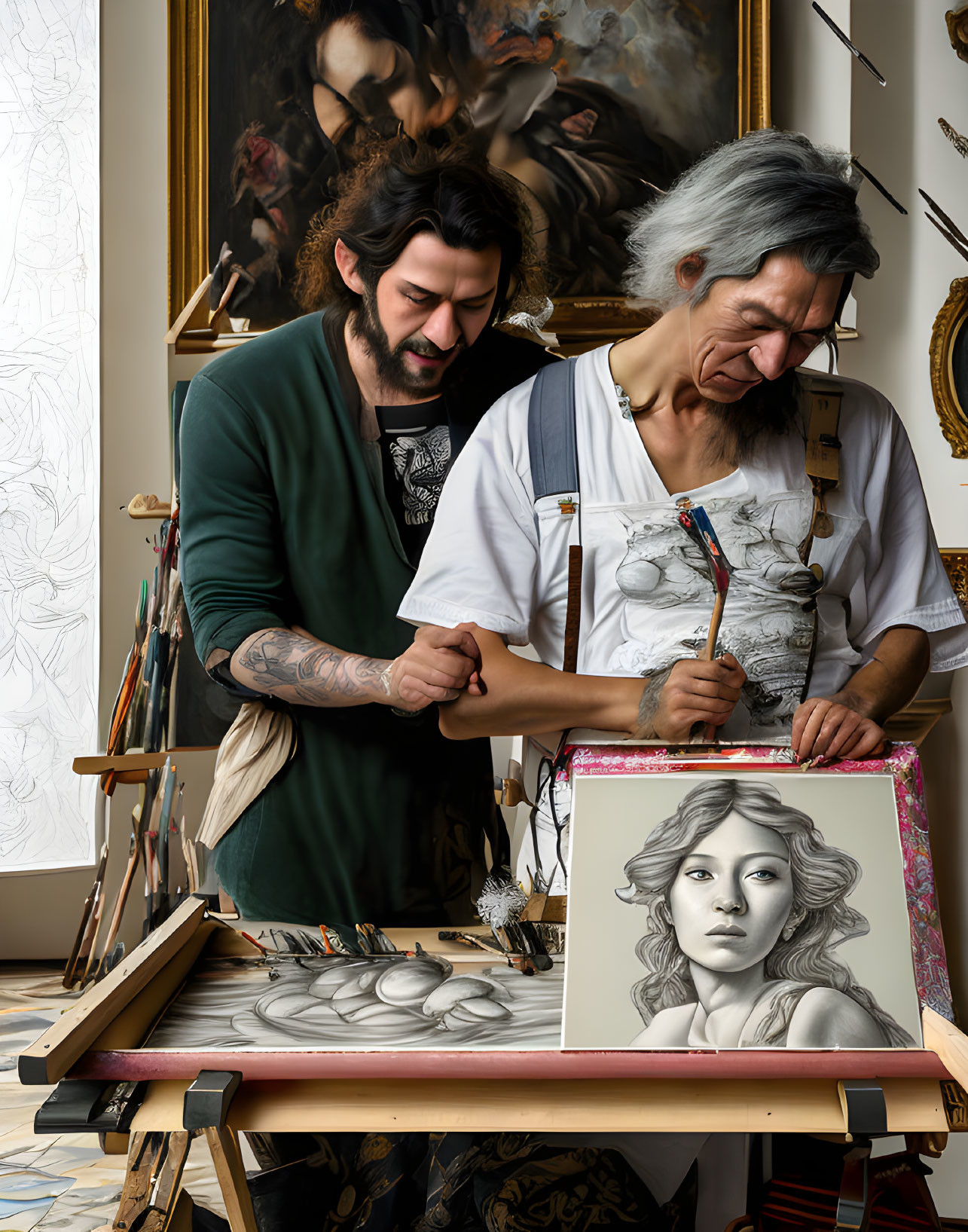 Collaborative pencil portrait with classical paintings backdrop