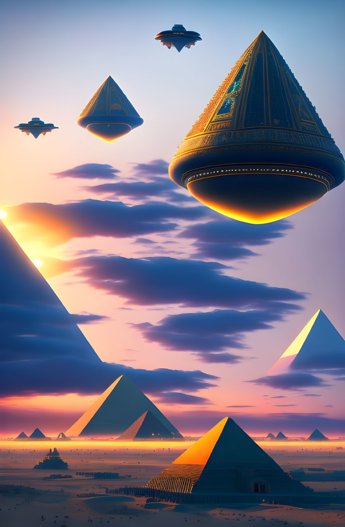 Futuristic floating pyramids above desert with traditional pyramids at sunset