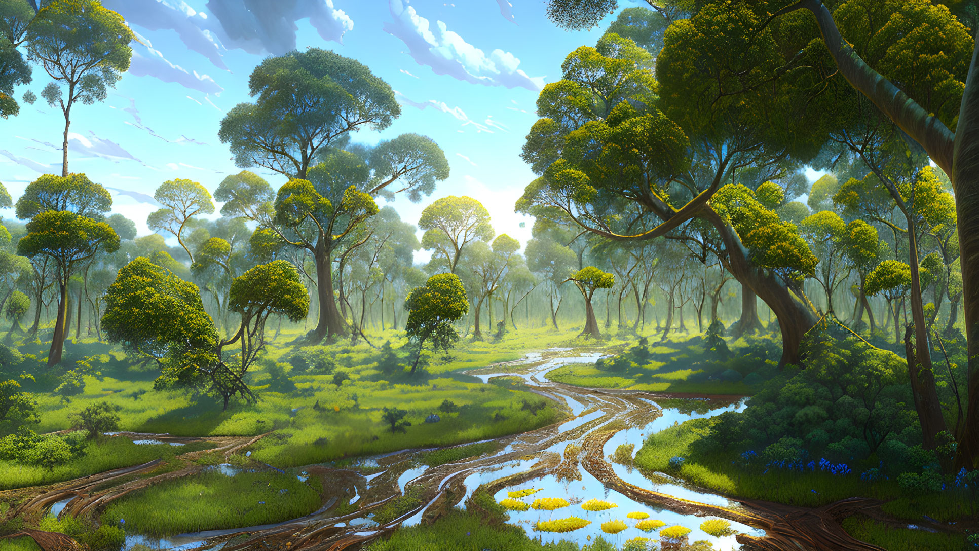 Tranquil forest scene with tall trees, winding stream, and sunlight.