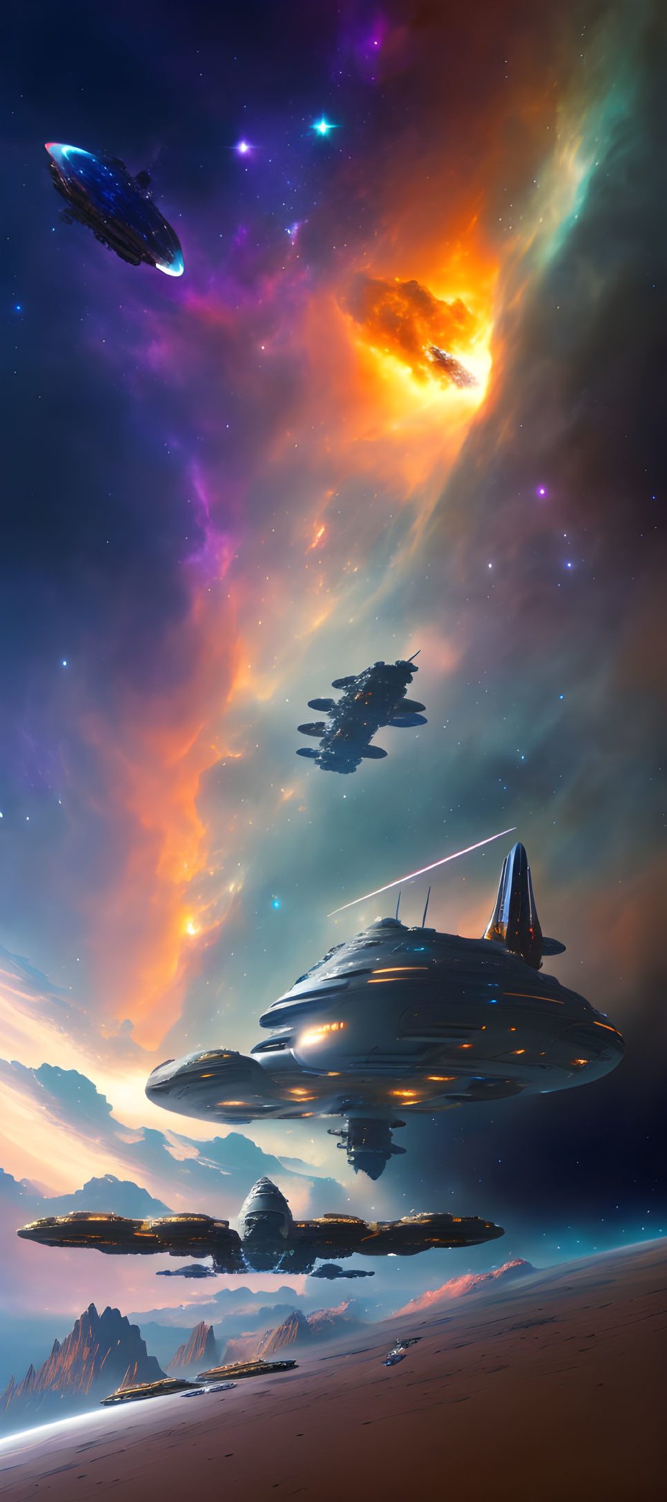 Sci-fi desert scene with colorful sky and flying spaceships