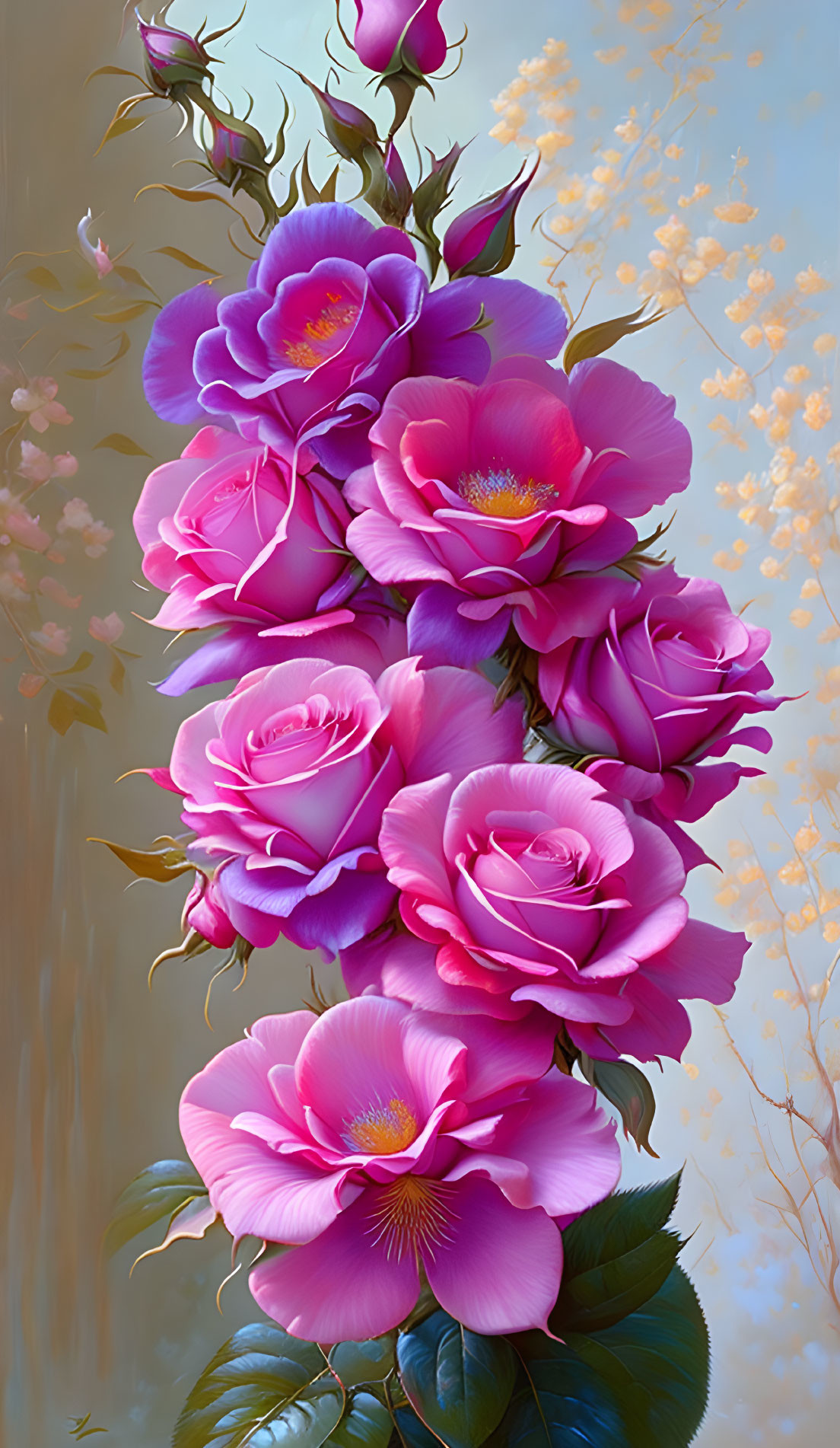 Vibrant pink roses with gradient petals and yellow stamens on soft-focus background