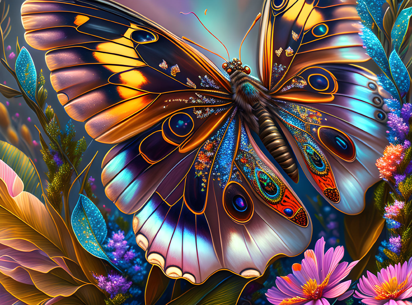 Colorful digital illustration of ornate butterfly with intricate patterns and sparkling accents among vibrant flora