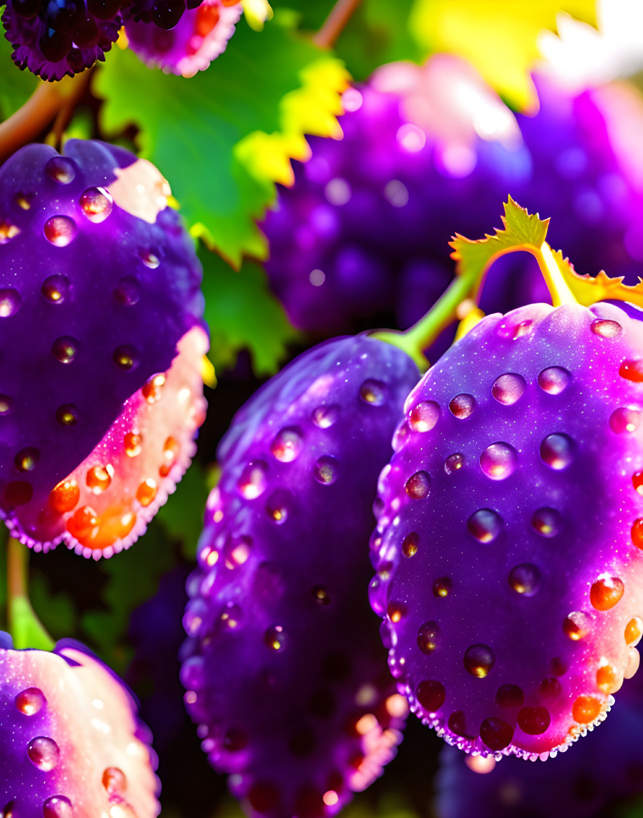 Dew-covered purple grapes on vine with green leaves