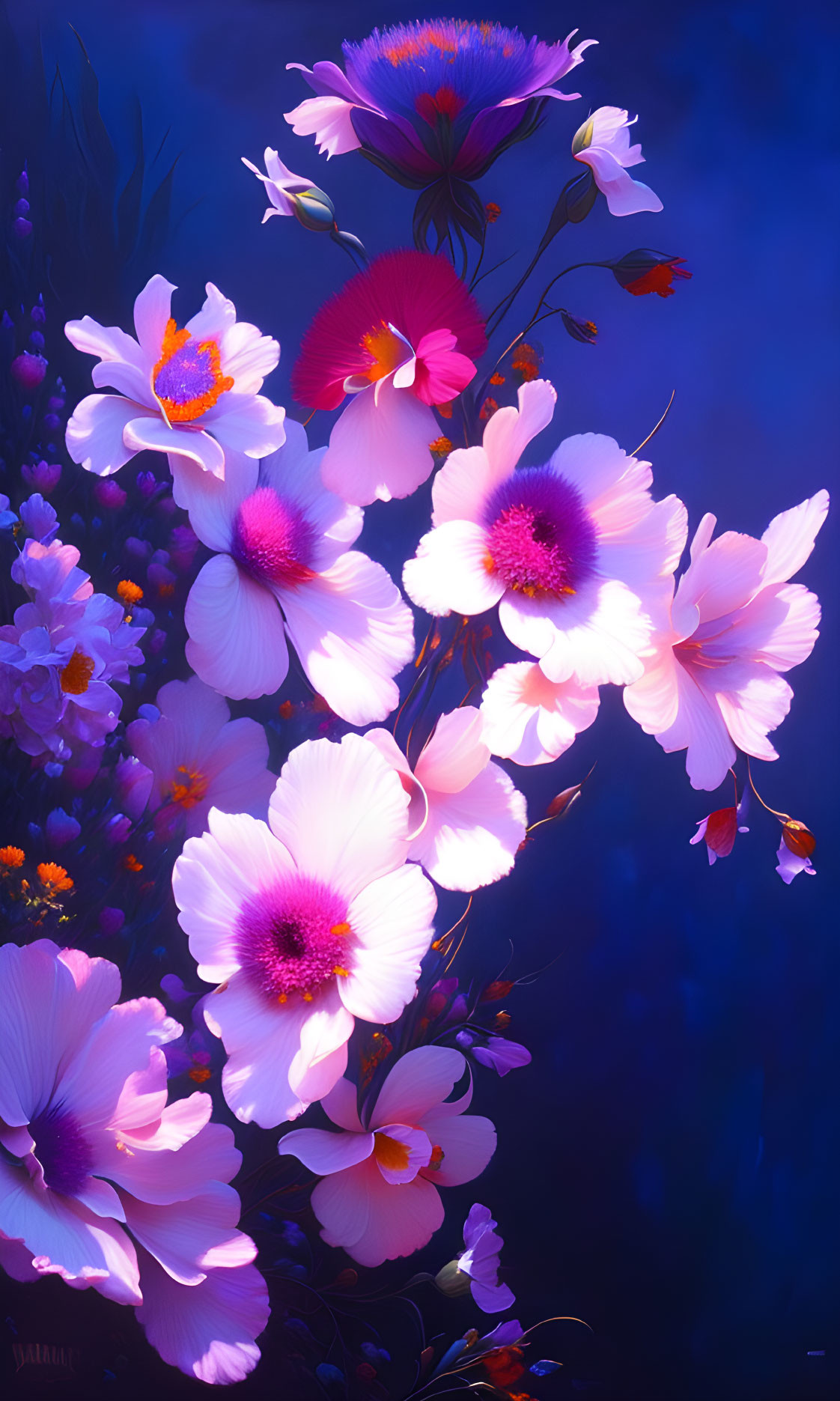 Colorful digital painting of white and pink flowers on dark blue background