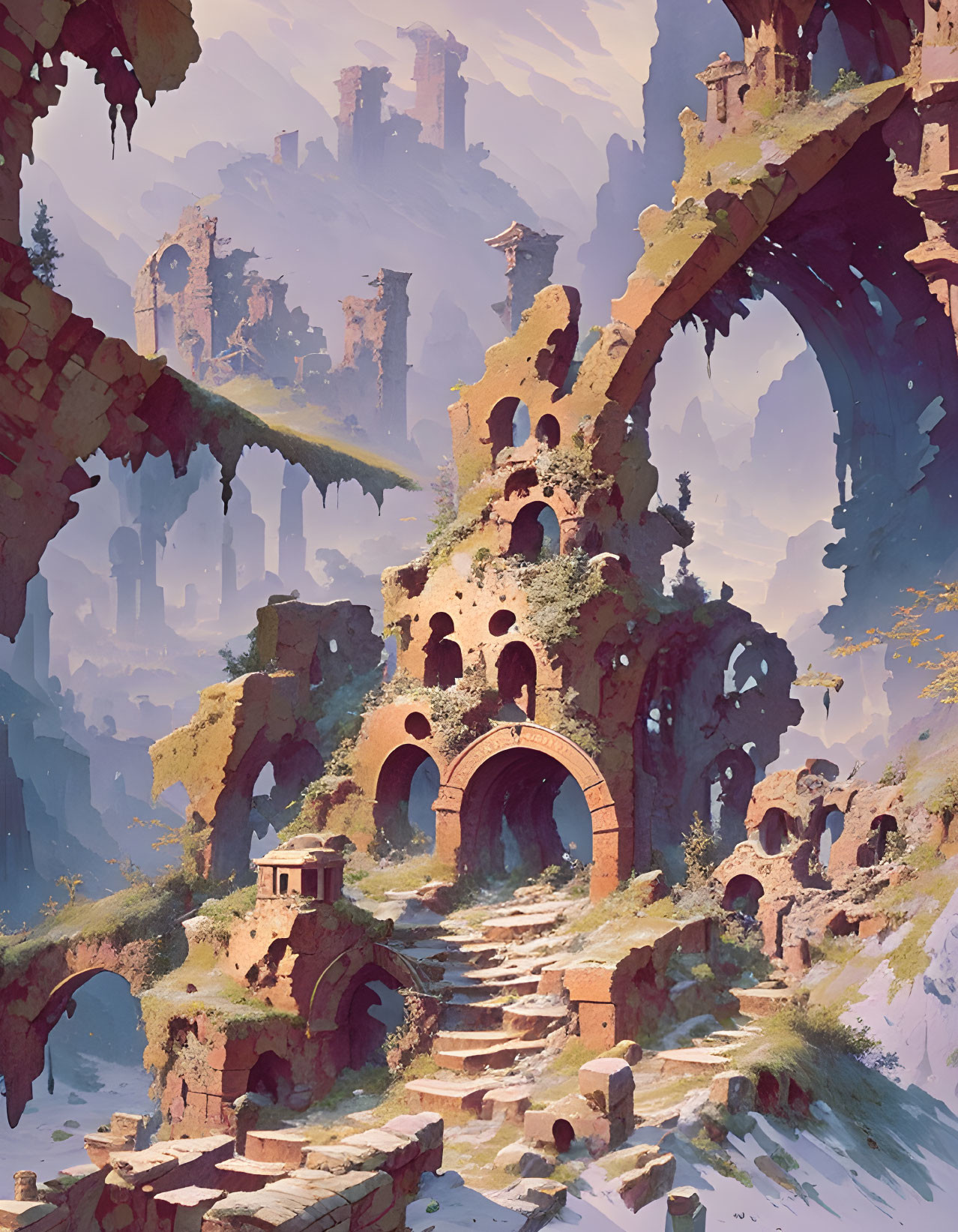 Ancient stone arches and structures in cliffside setting with distant castle under hazy sky