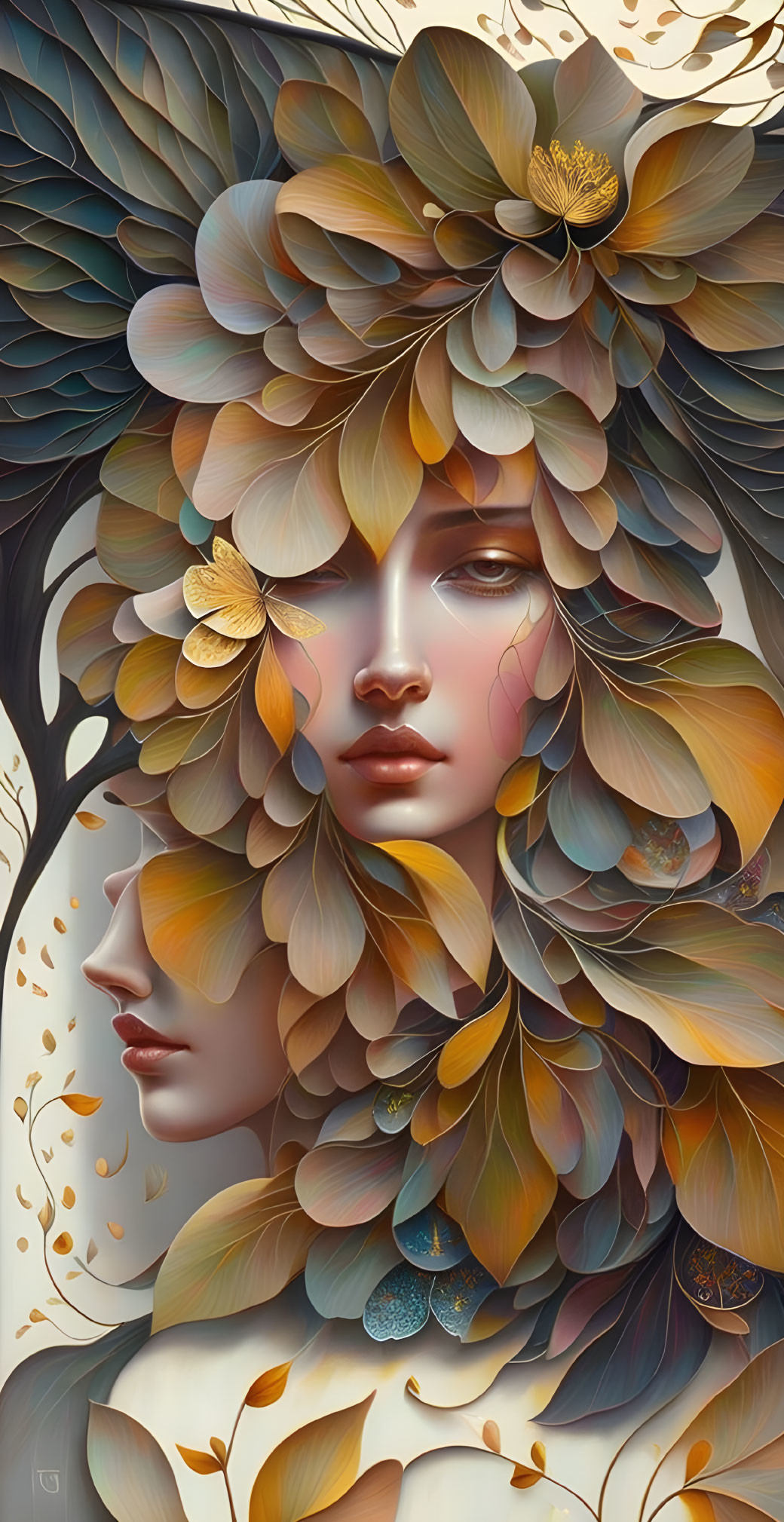 Dual faces surrounded by brown and gold petal-like elements in serene nature theme