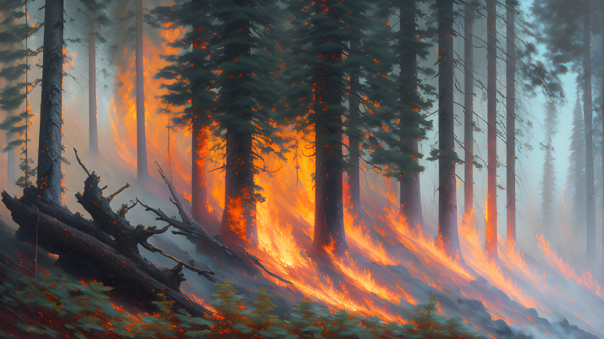Digital artwork of forest fire with towering trees engulfed in flames