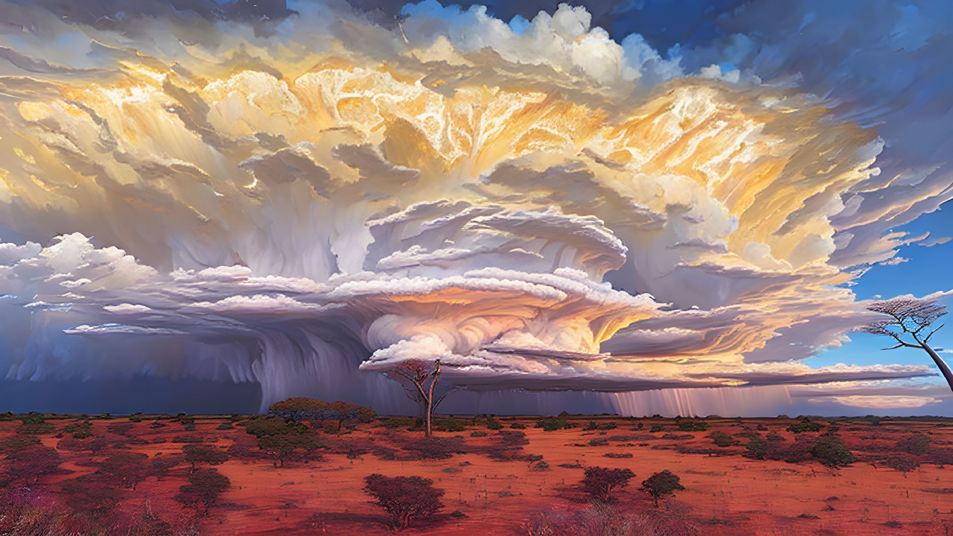 Colorful Cumulonimbus Cloud Over Red Desert Landscape with Rain and Tree