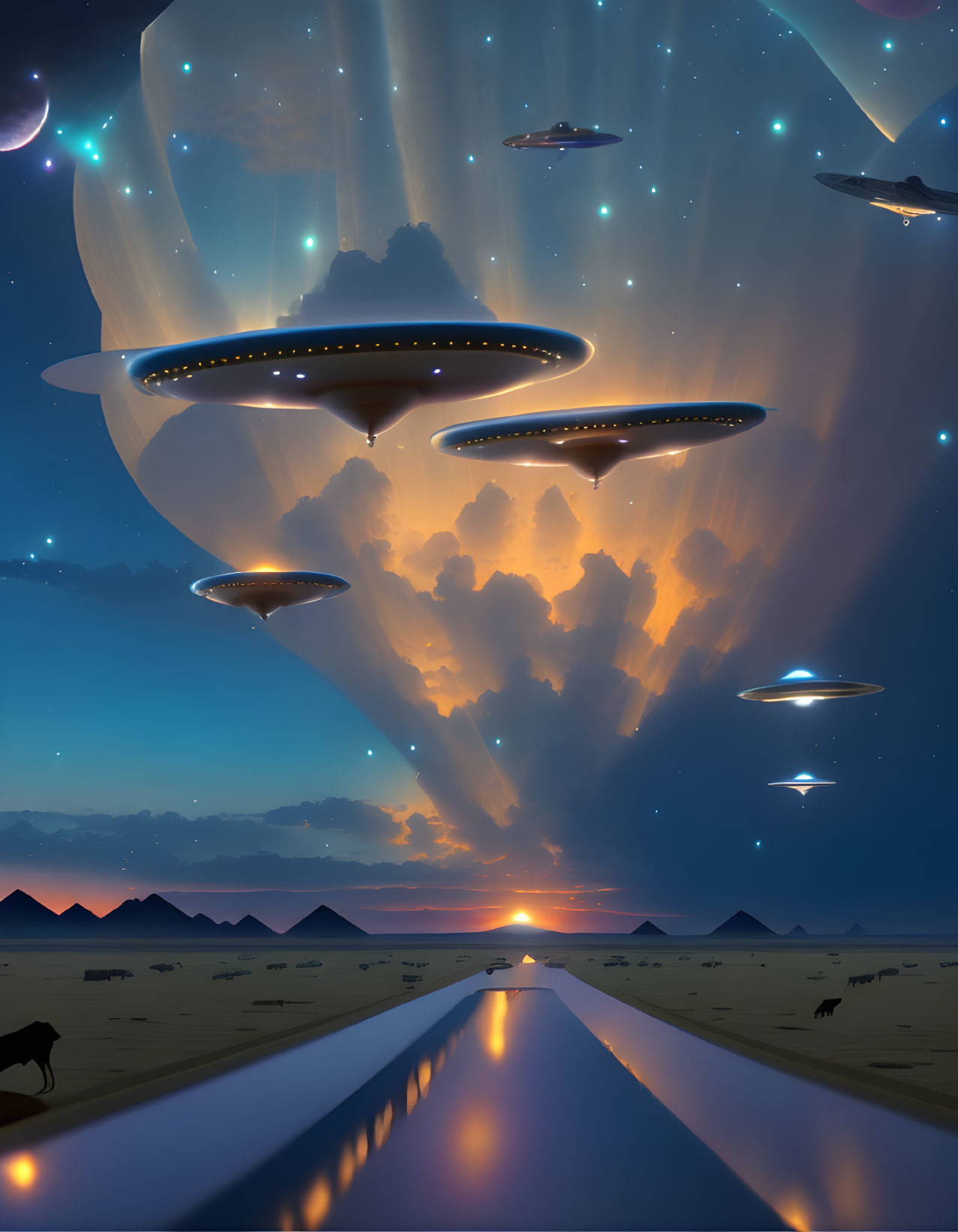 Multiple UFOs over desert pyramids at sunset with starry sky.