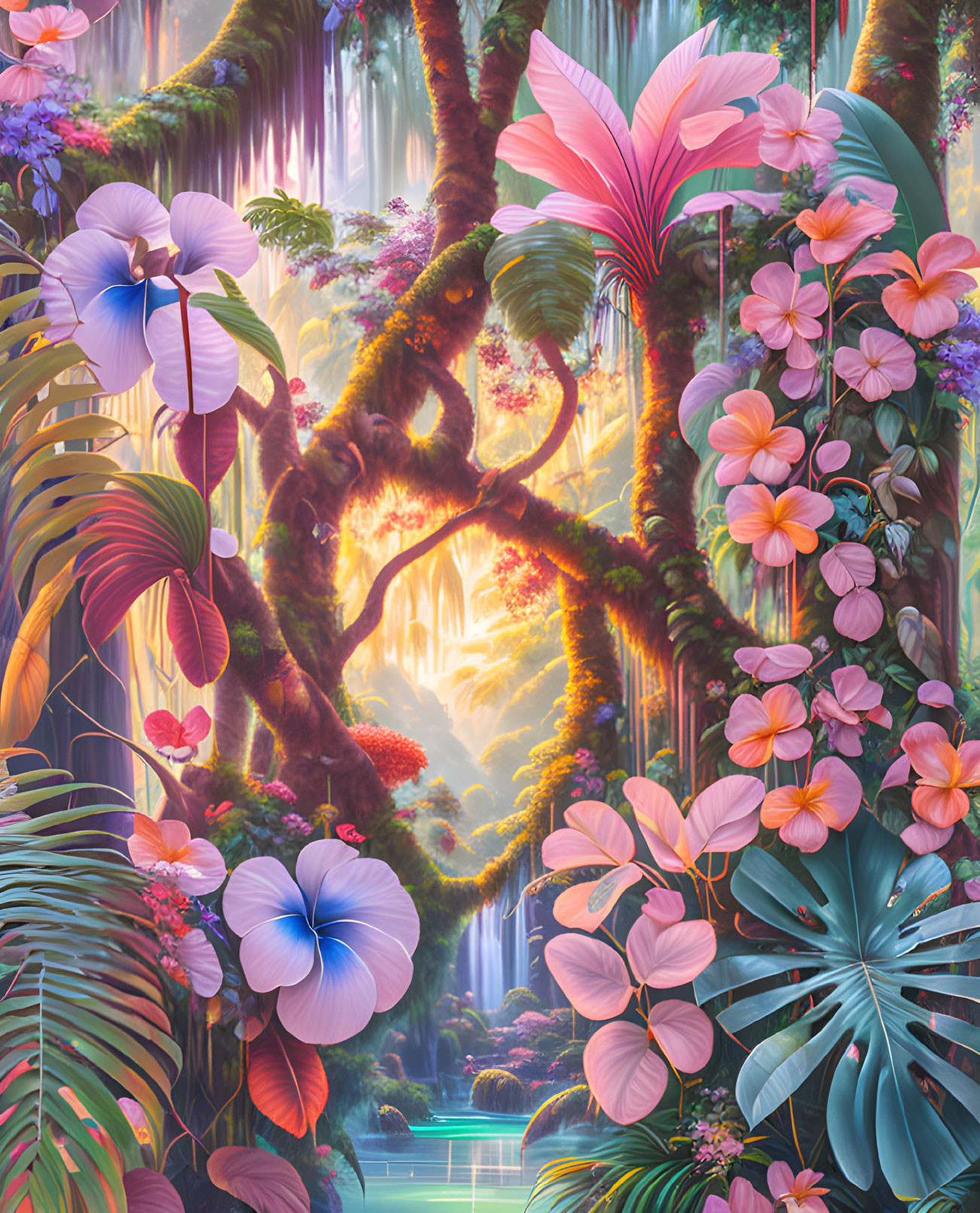 Fantasy jungle scene with oversized flowers, twisted tree, and glowing backdrop