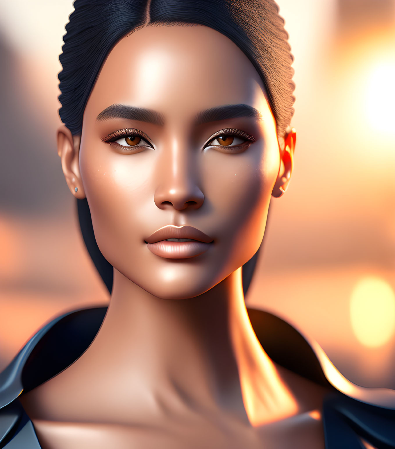 Digital portrait of woman with sleek hairstyle and prominent eyelashes under sunset glow