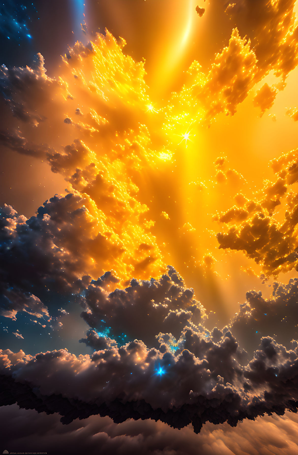 Vibrant orange clouds and dark formations in dramatic sky