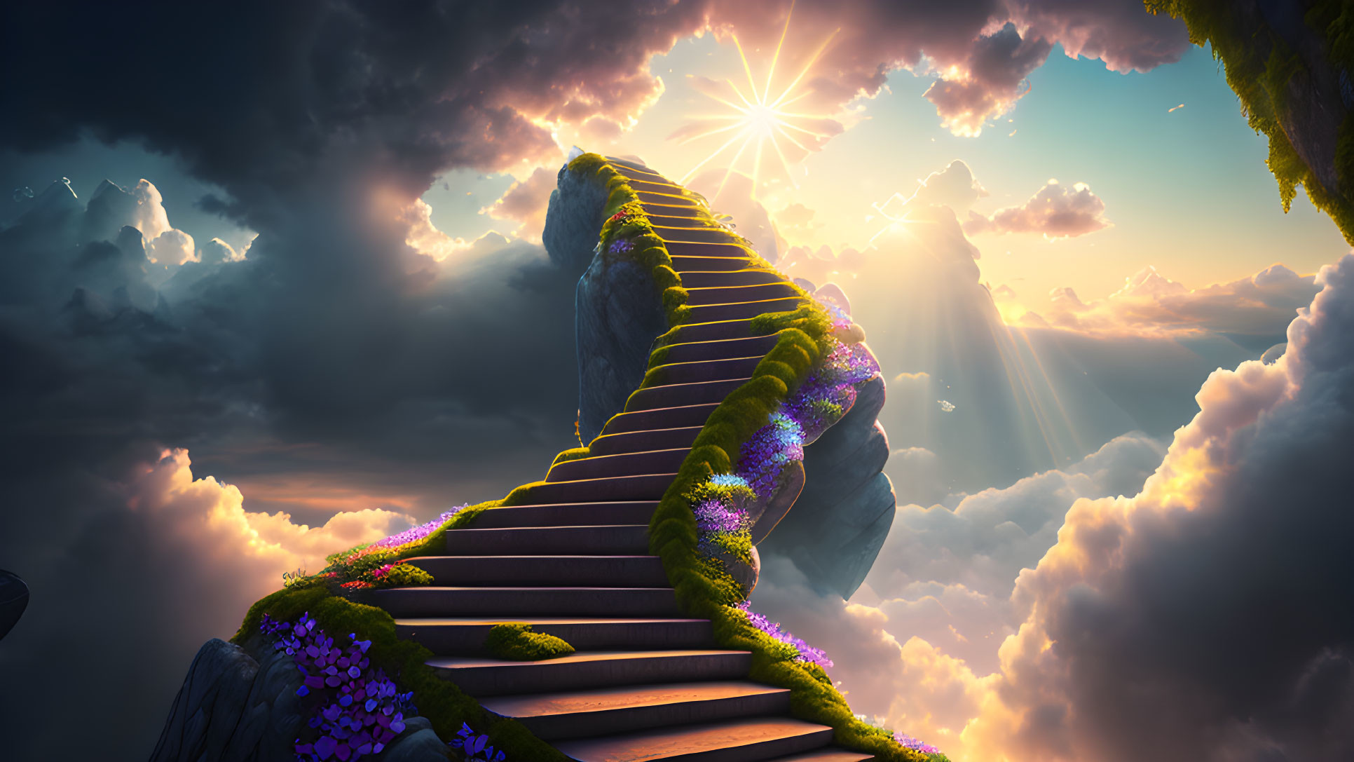 Celestial staircase among floating islands with lush greenery