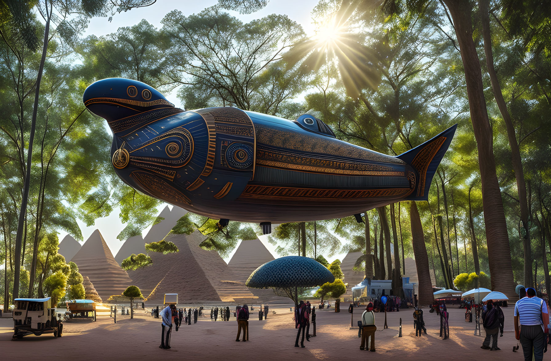 Whale-shaped airship over park with pyramids under sunburst sky