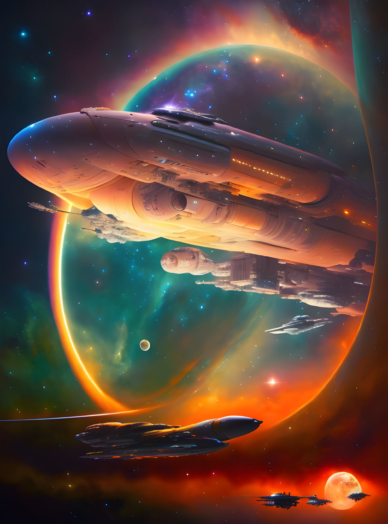 Futuristic spaceships in vibrant nebula with celestial bodies