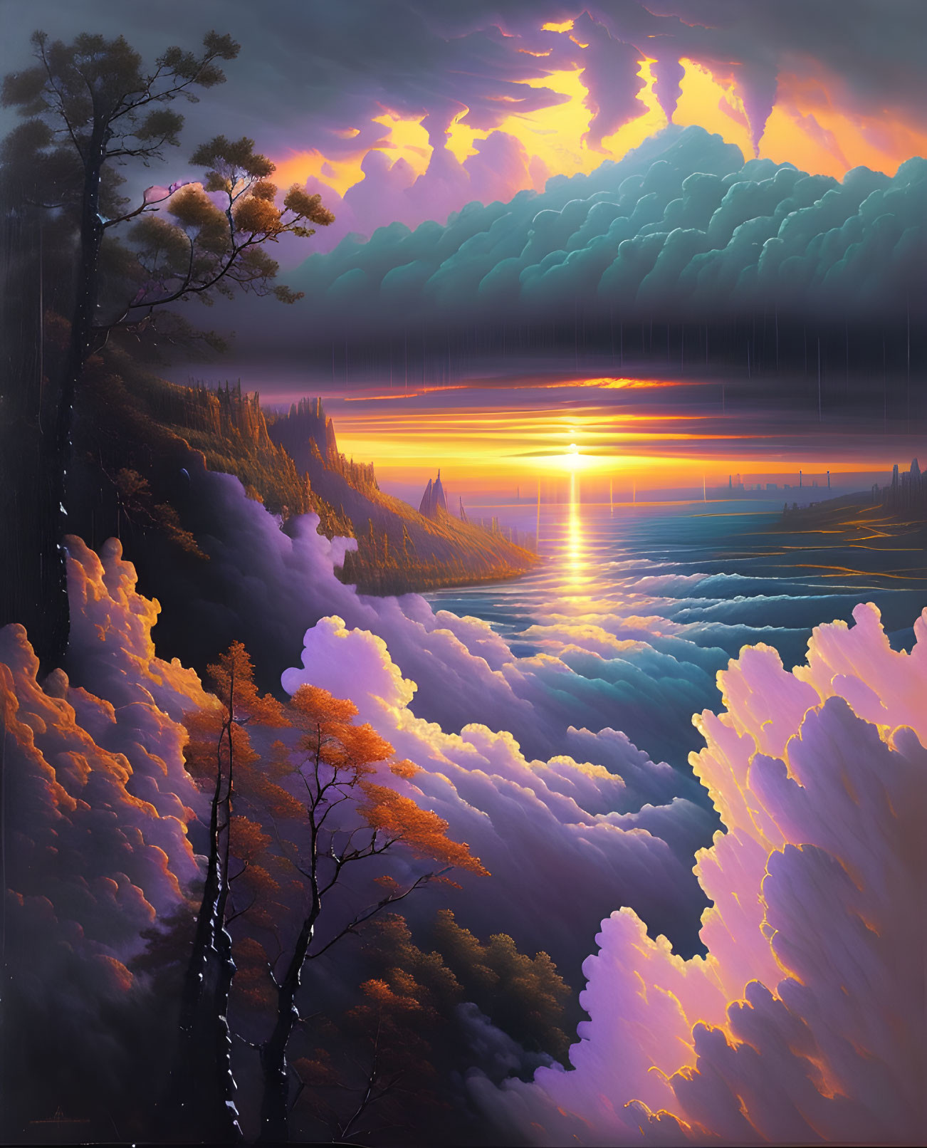 Scenic sunset over clouds with sun rays, trees, and mountain foliage