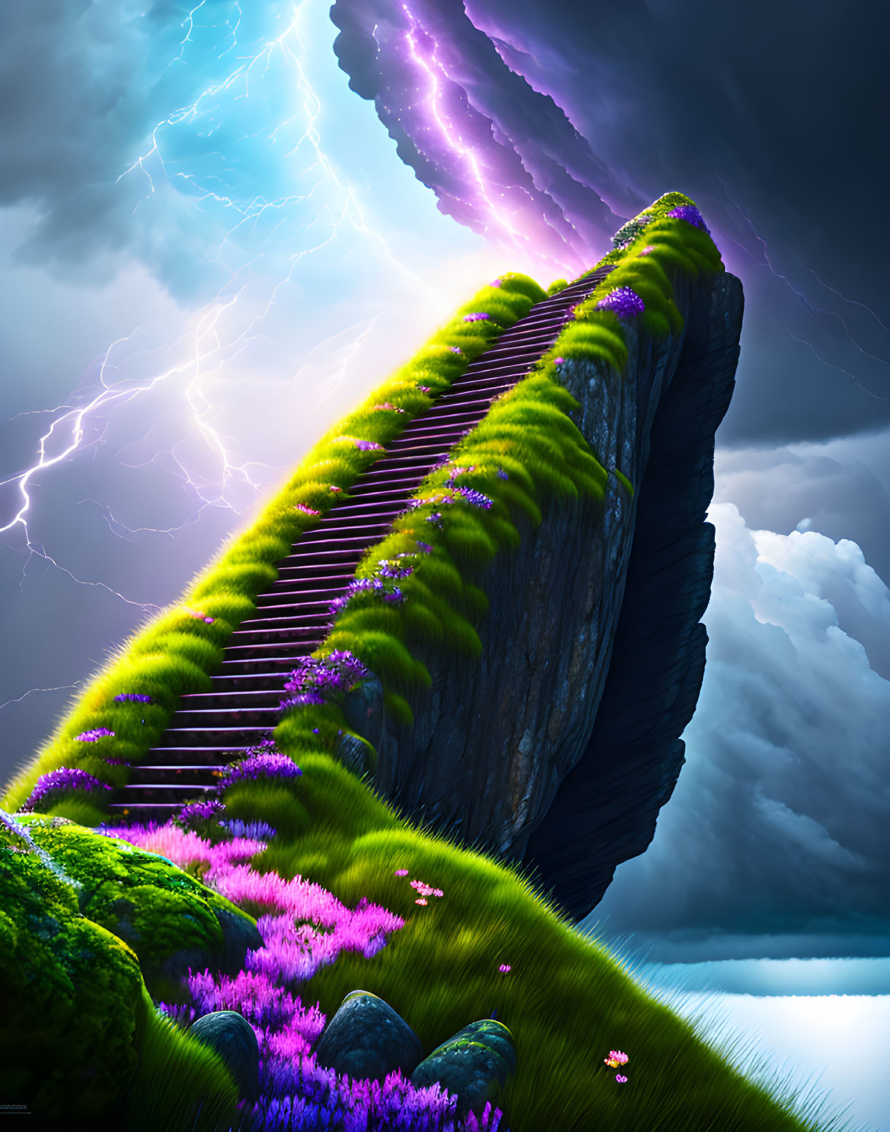 Vibrant staircase on cliff in dreamlike landscape amid thunderstorms