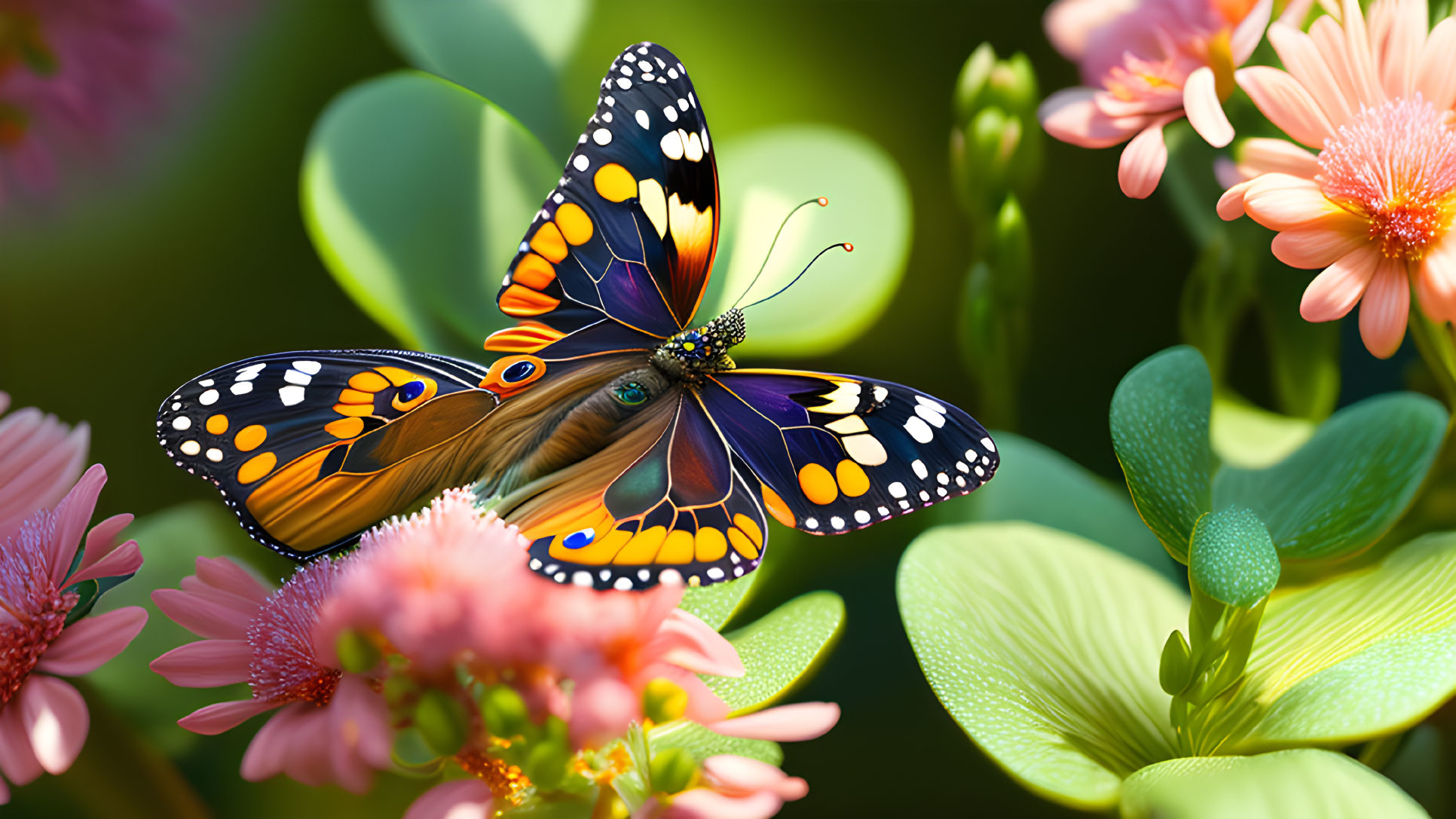 Colorful Butterfly Resting on Pink Flowers in Green Foliage