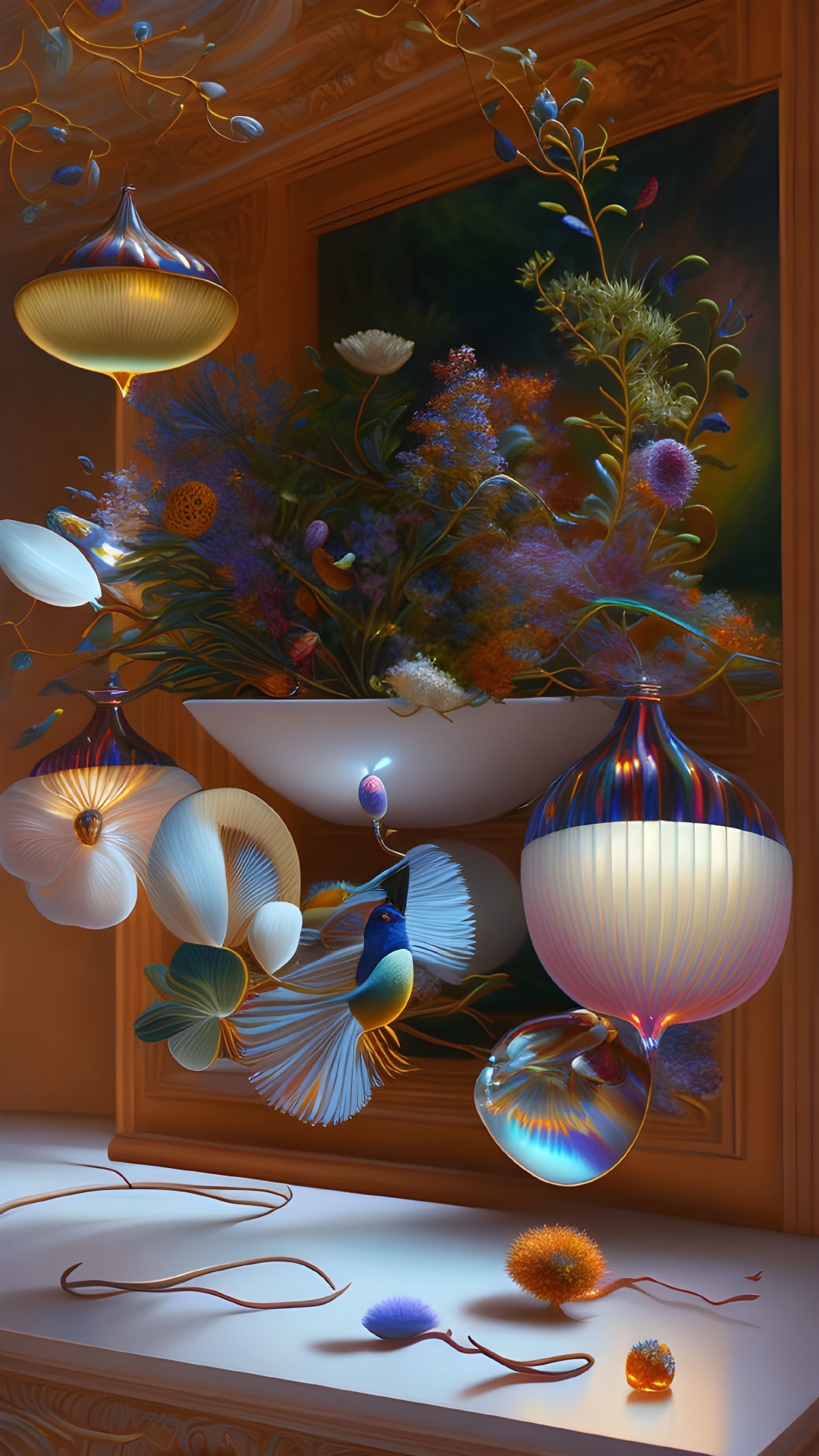 Vibrant digital artwork: Sea creatures and plants become luminous lamps