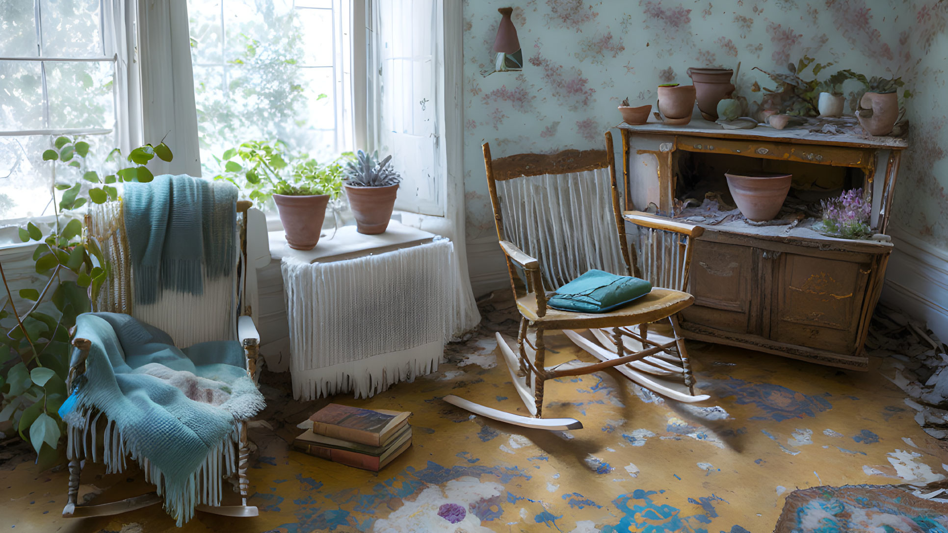 Vintage furniture, plants, rocking chair, blankets, books in a cozy sunlit room