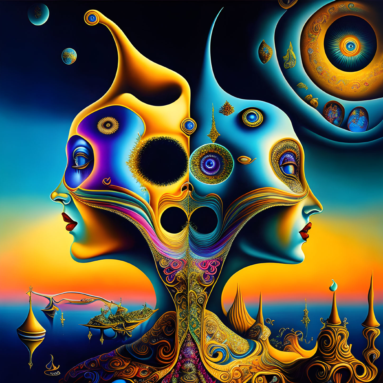 Colorful Surrealist Image with Mirrored Faces and Cosmic Elements