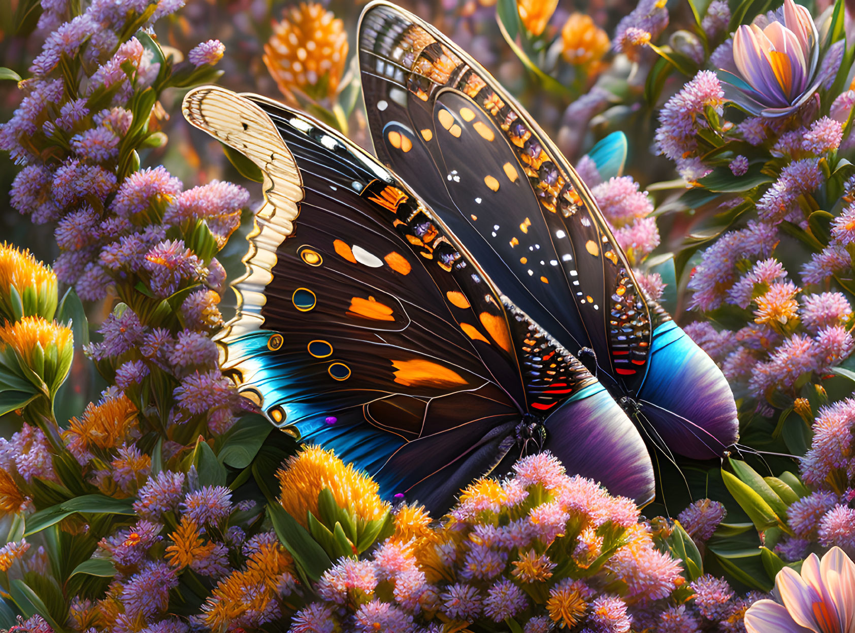 Colorful butterfly among purple and orange flowers in soft-focus setting