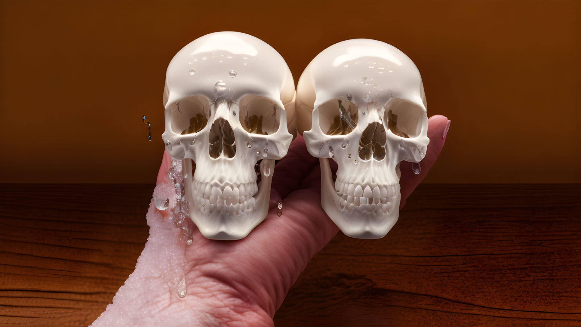 Glossy white skulls held in hand on wooden surface with amber background