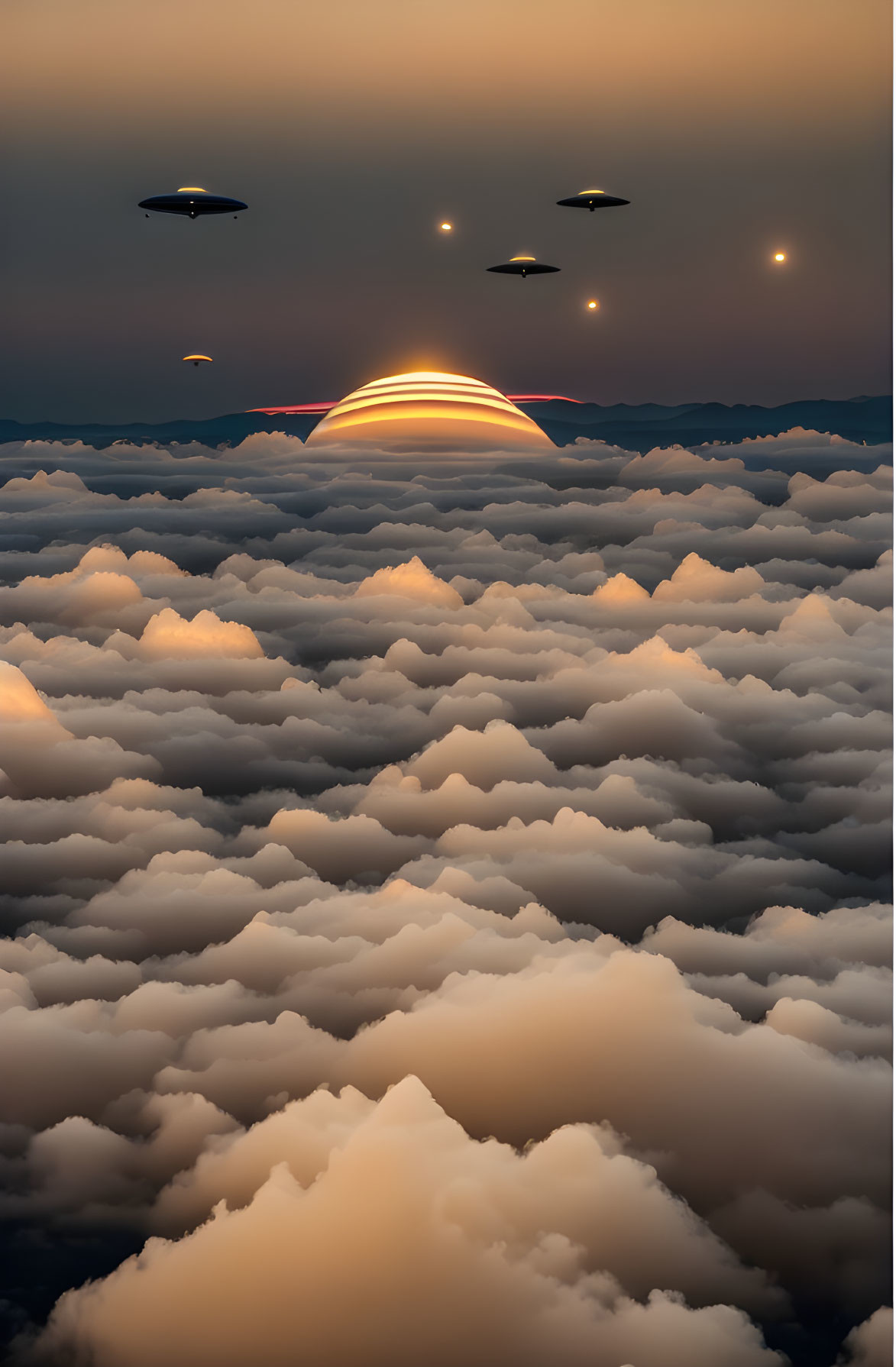 Scenic sunset with half sun over clouds and UFO silhouettes