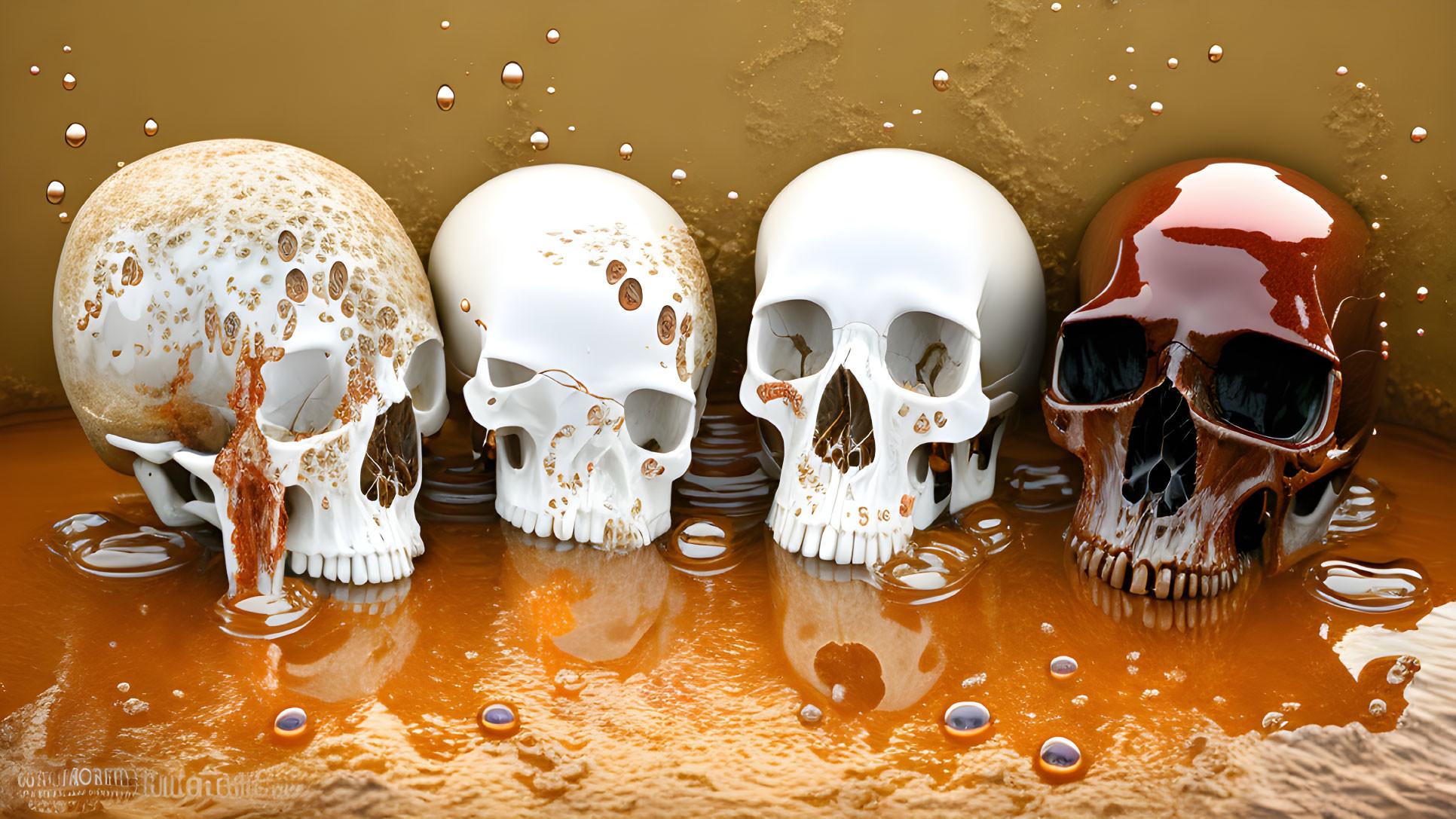 Skulls partially submerged in amber liquid with bubbles