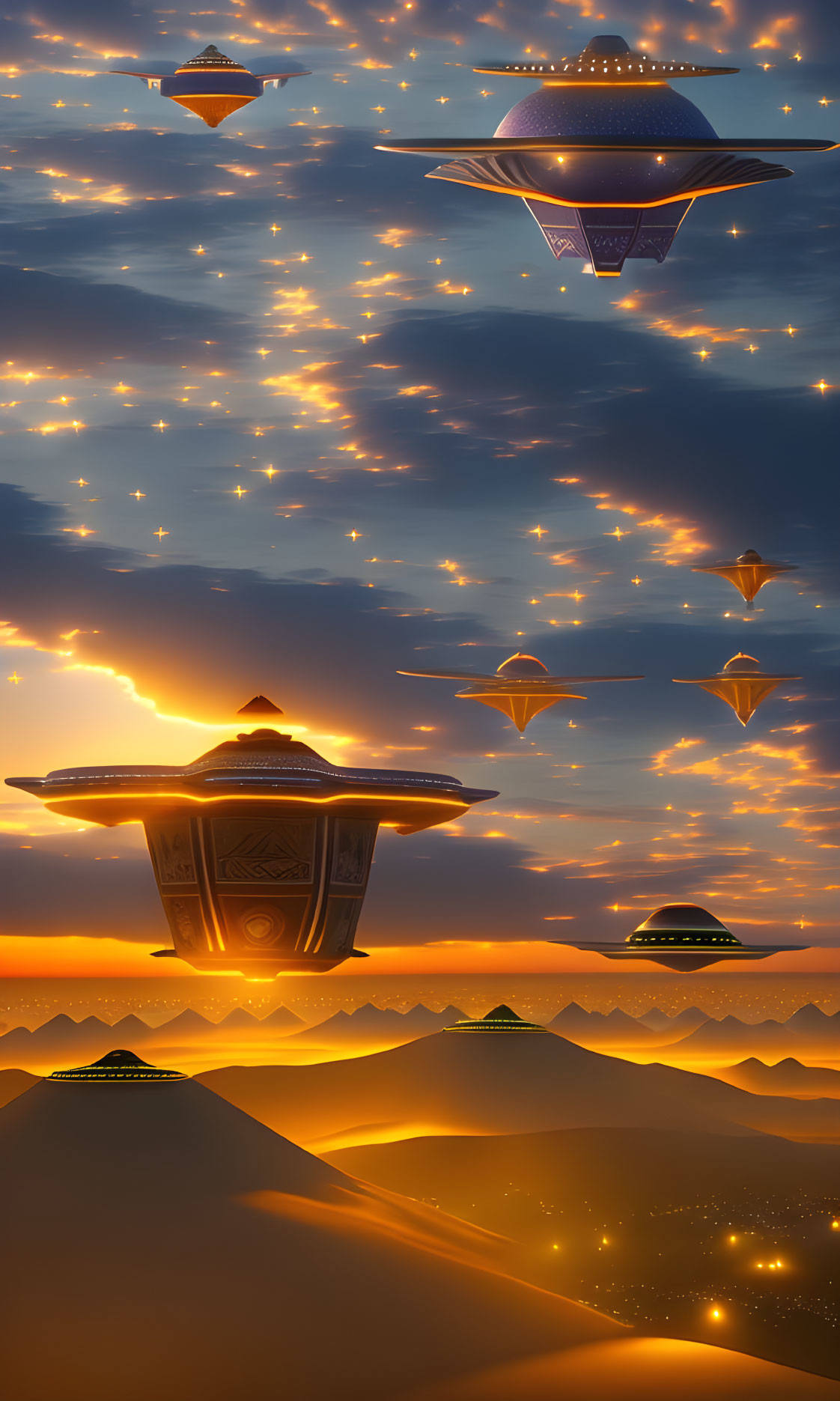 Intricate futuristic UFOs over desert landscape at sunset