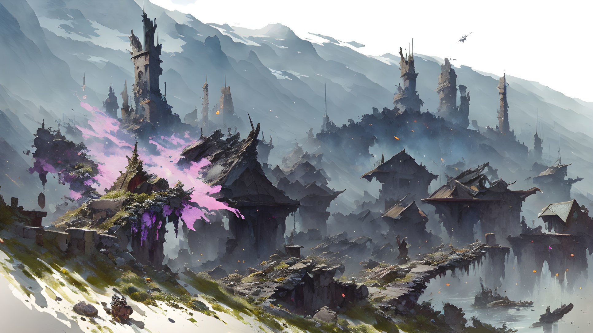 Fantastical landscape with castles, magical energy, mountains, and flying creatures