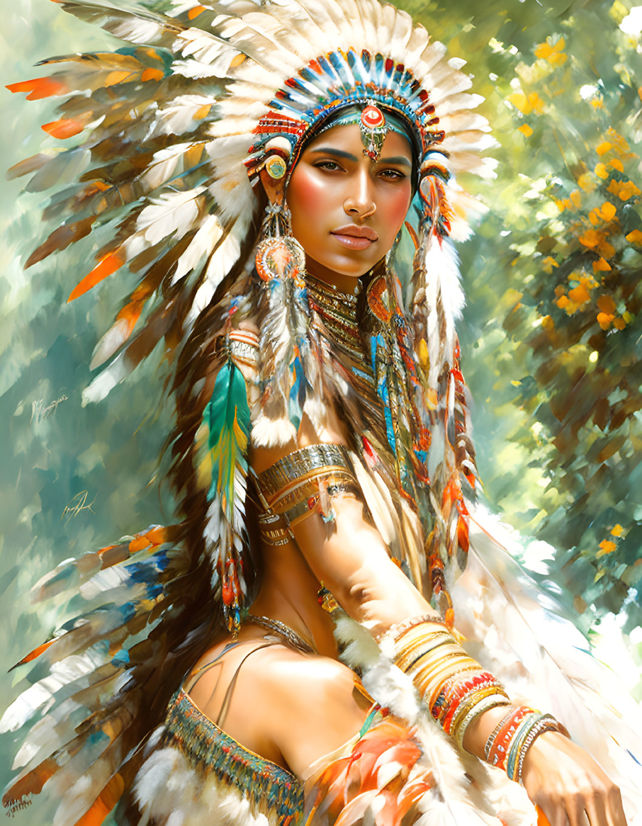 Vibrant Native American headdress painting with intricate feather details