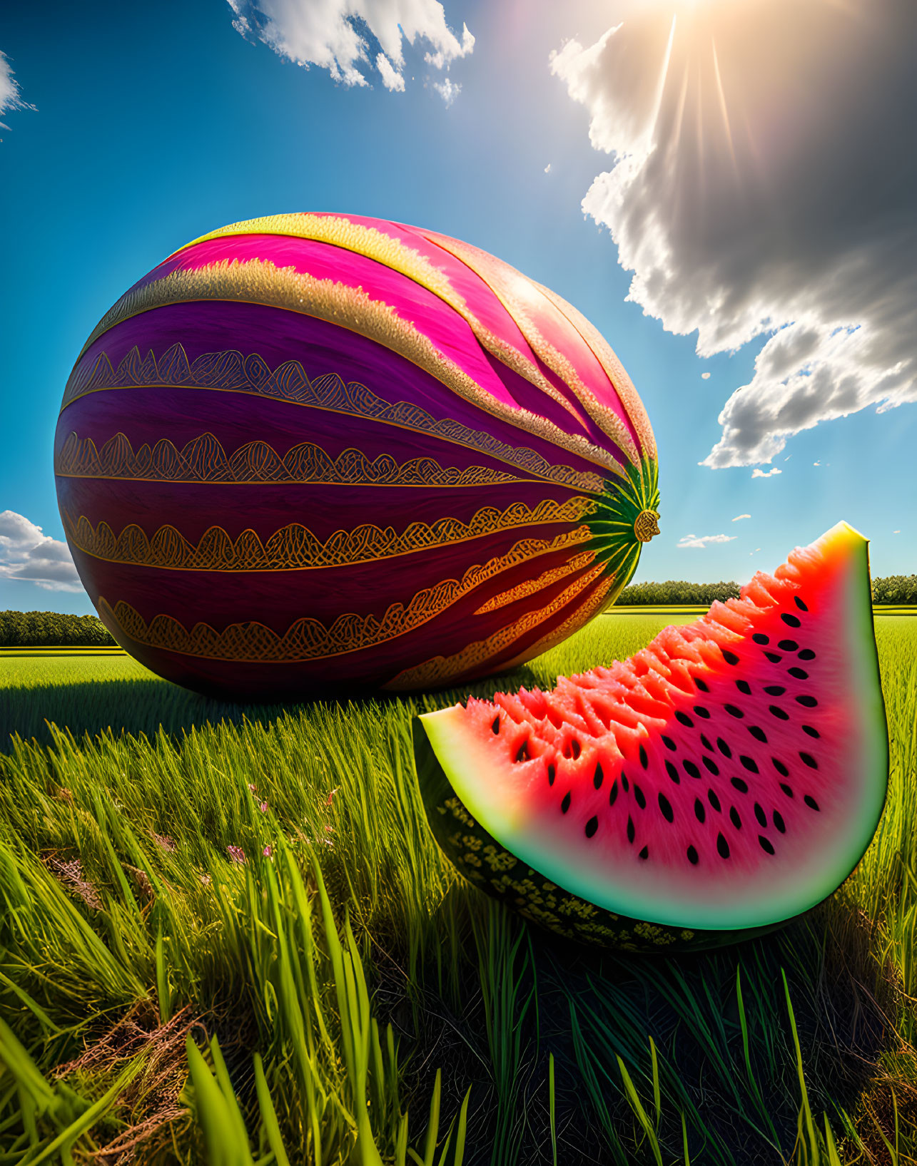 Giant ornately patterned watermelon in surreal landscape