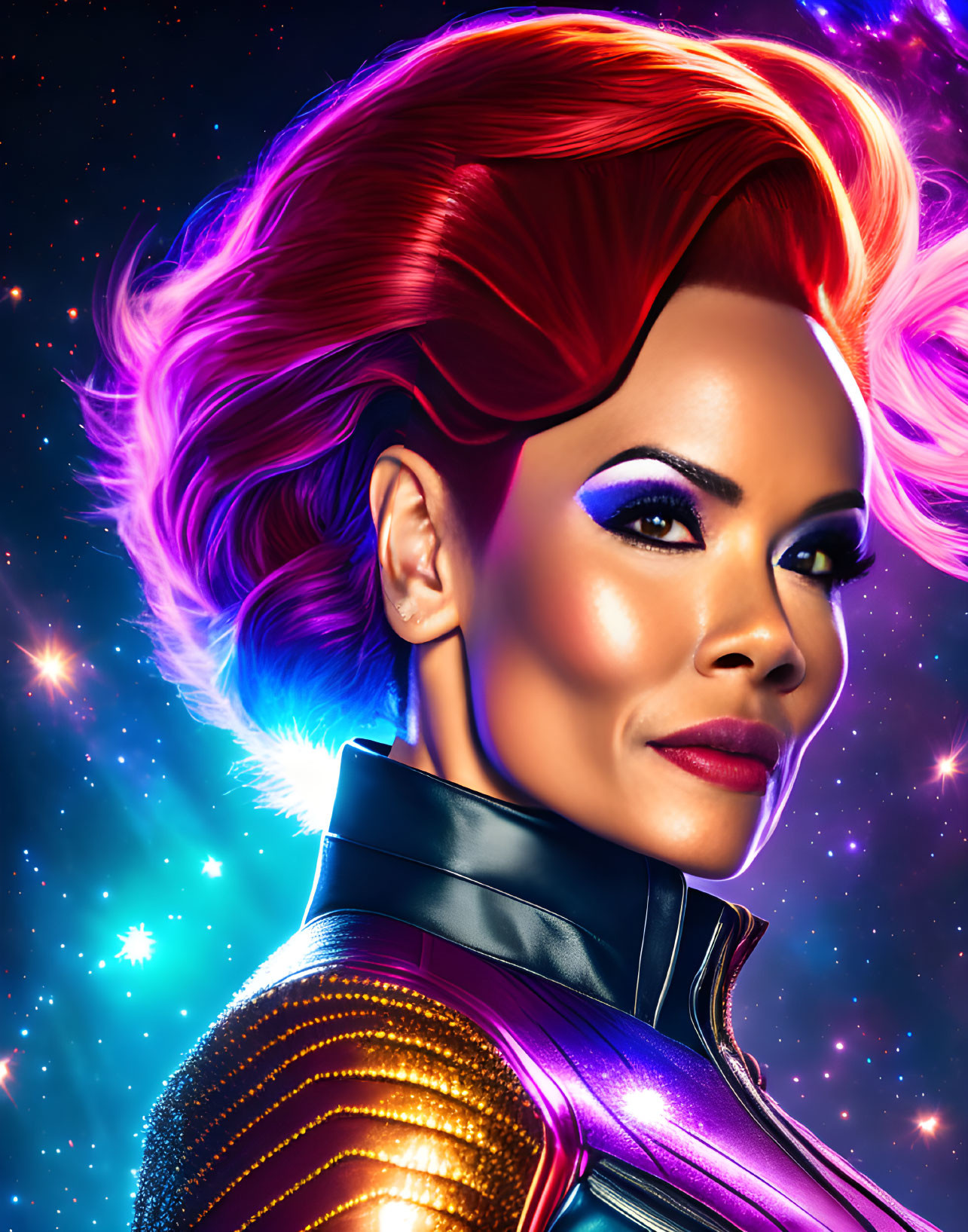 Vibrant digital portrait: Woman with red hair in futuristic suit