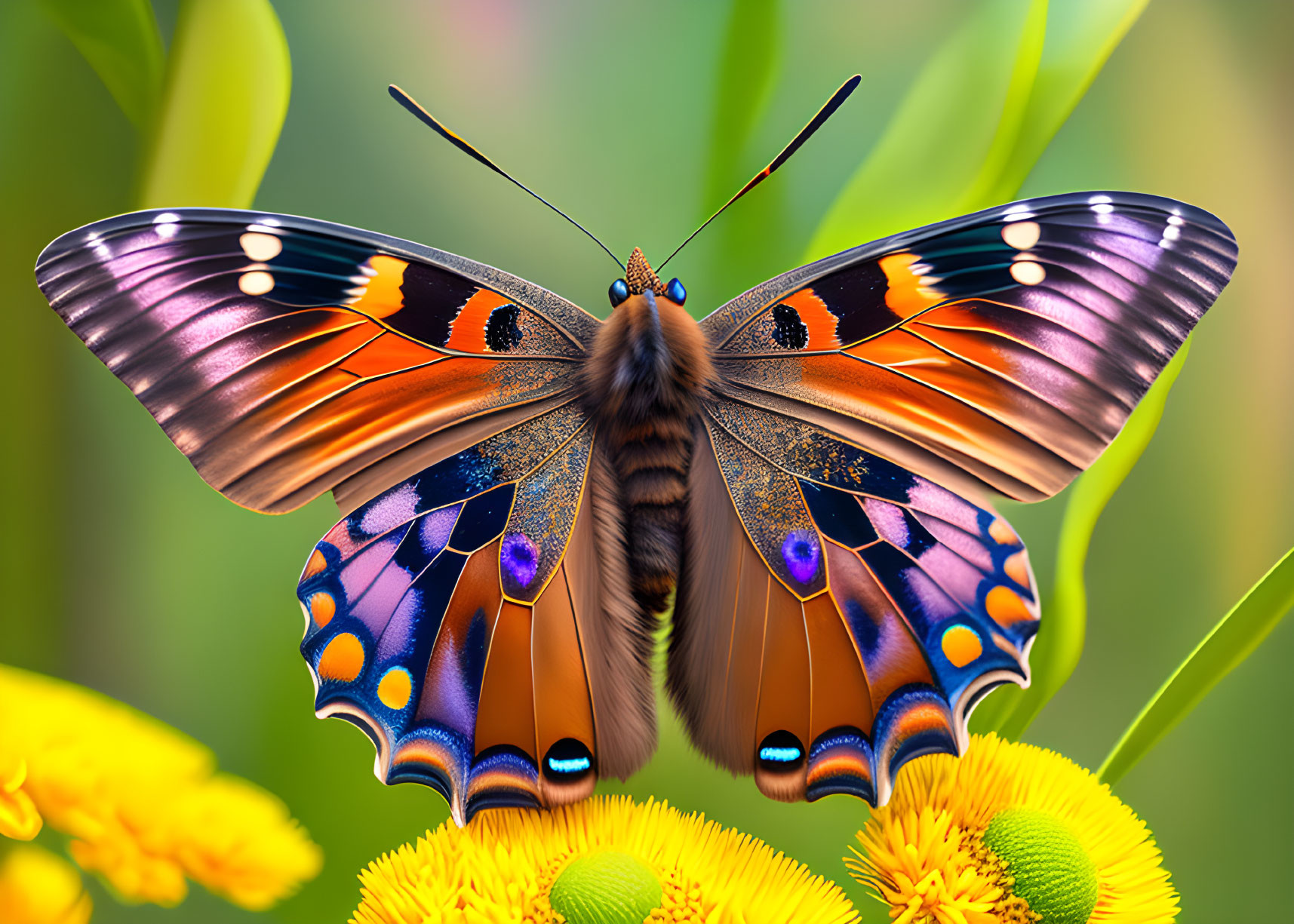 Colorful Butterfly on Yellow Flowers and Green Background