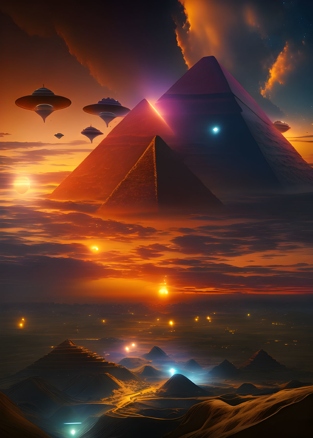 Surreal sunset with pyramids, stars, and futuristic elements