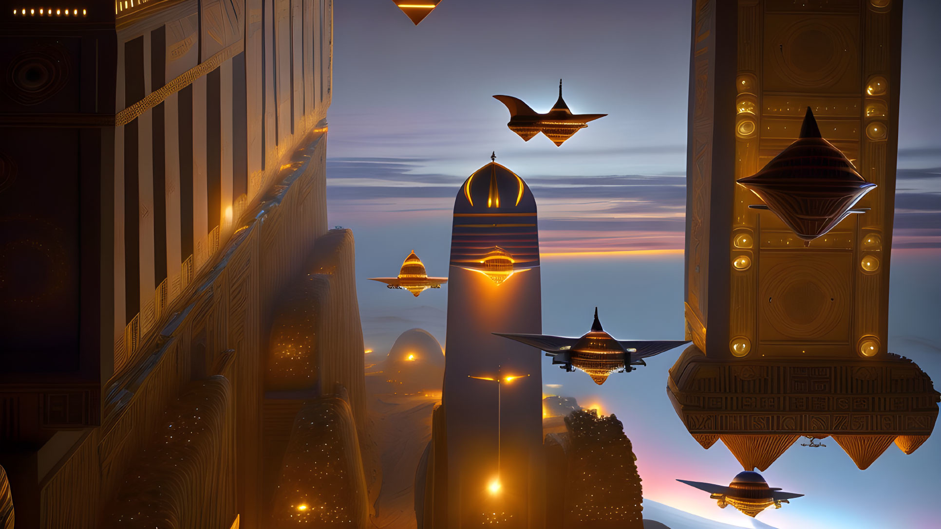 Futuristic twilight cityscape with flying vehicles and illuminated buildings