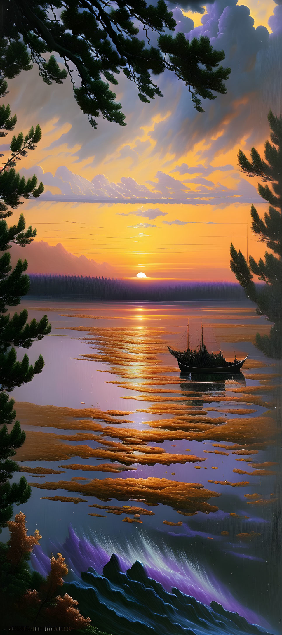 Tranquil sunset over calm sea with solitary boat and silhouetted trees