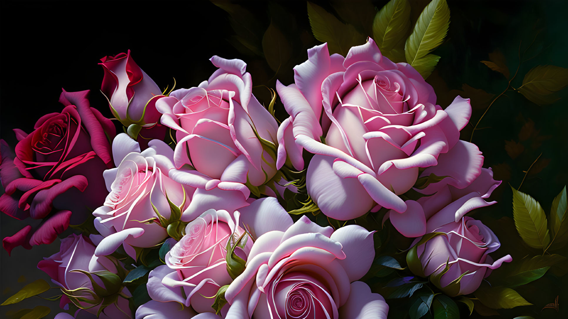 Pink and White Roses Bouquet on Dark Background with Delicate Textures