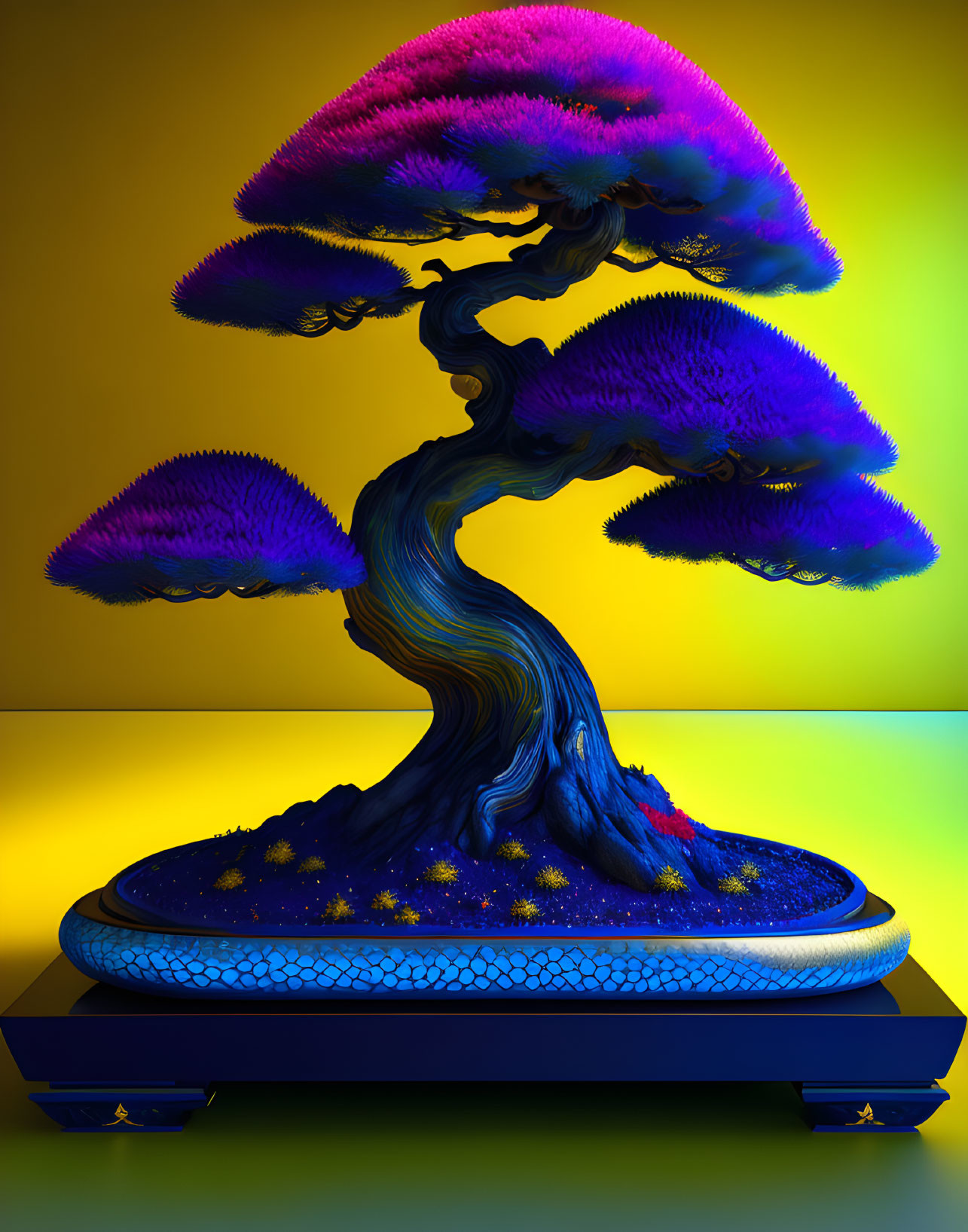 Digitally-created vibrant bonsai tree with twisted trunk and purple-blue foliage on yellow background and detailed stand