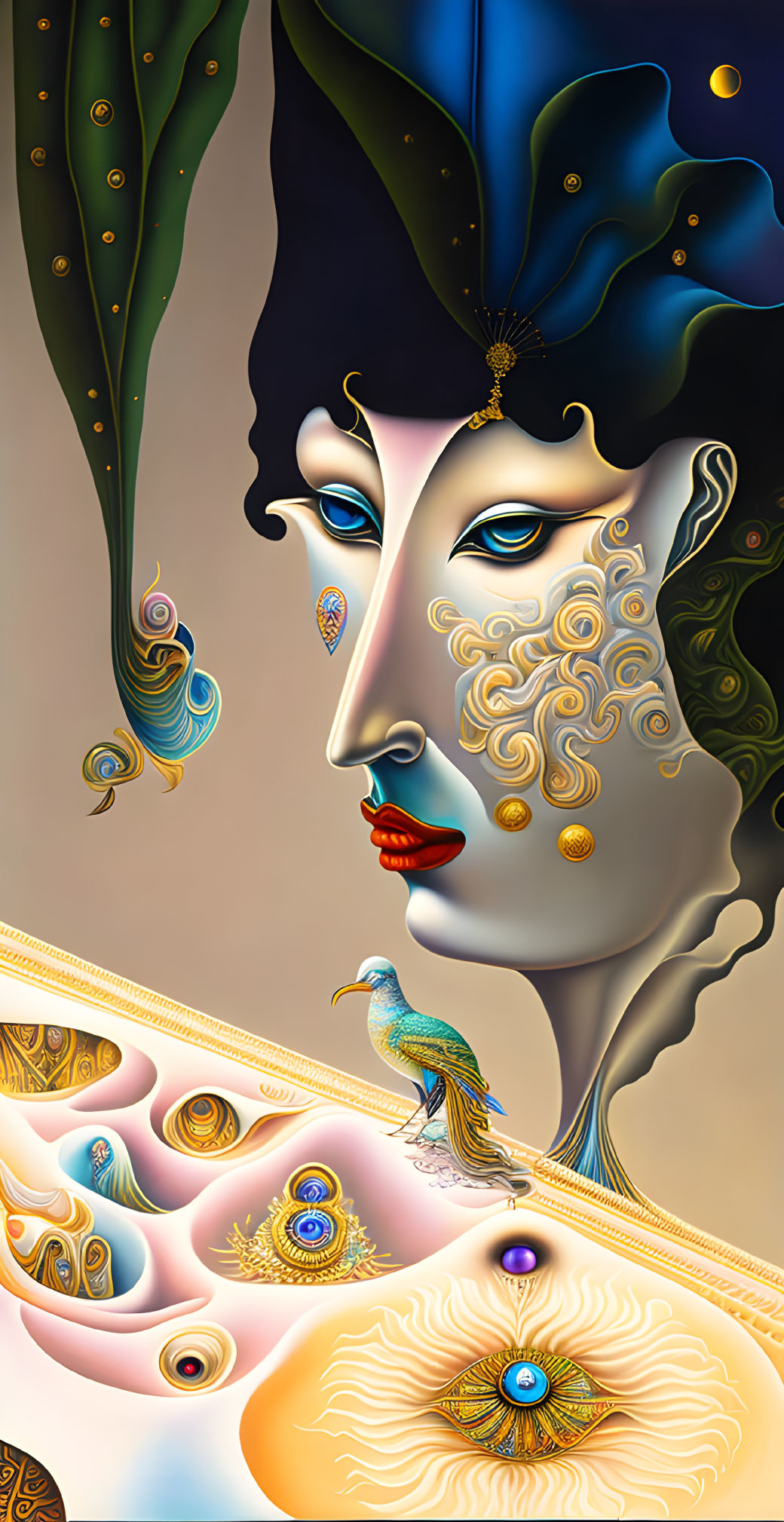 Surrealistic female face profile with celestial and ornamental details and peacock symbolism