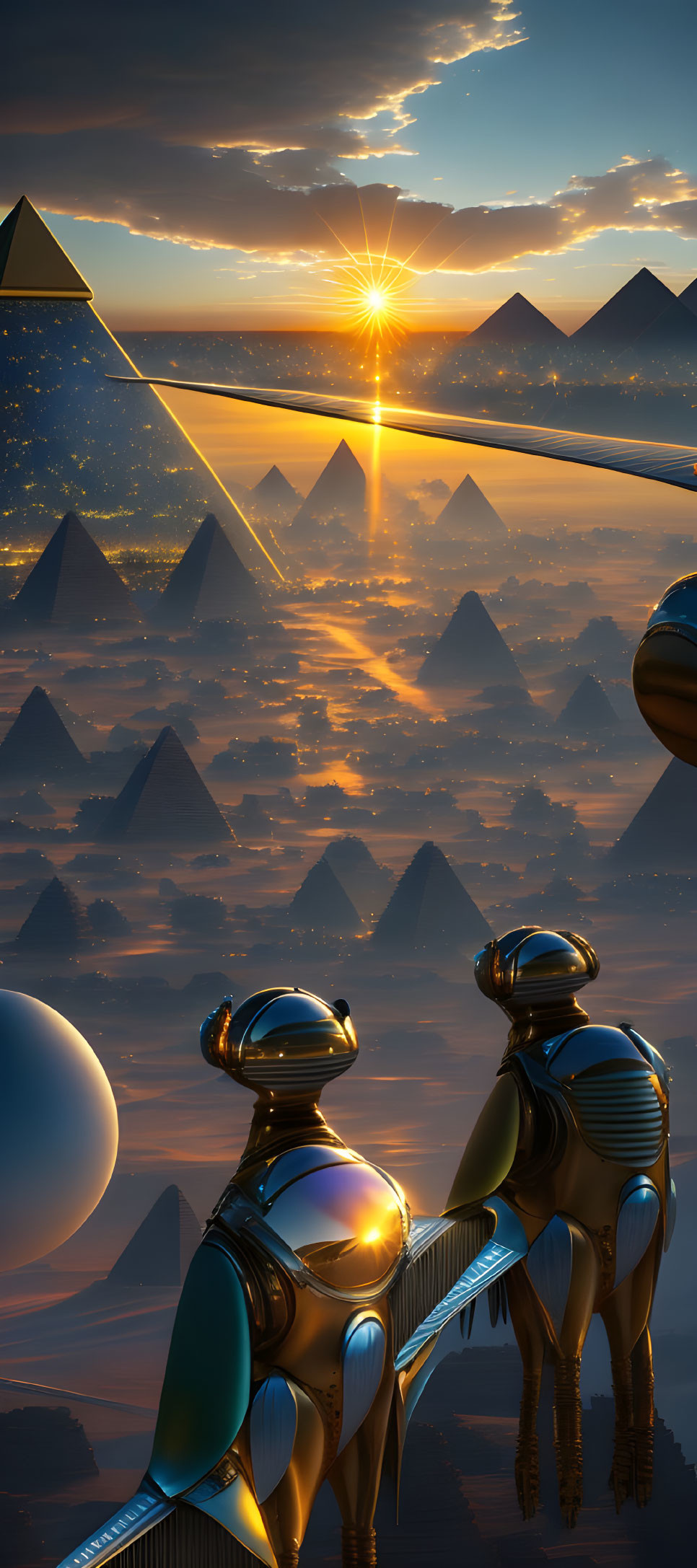 Futuristic robots on platform with surreal landscape and pyramids.