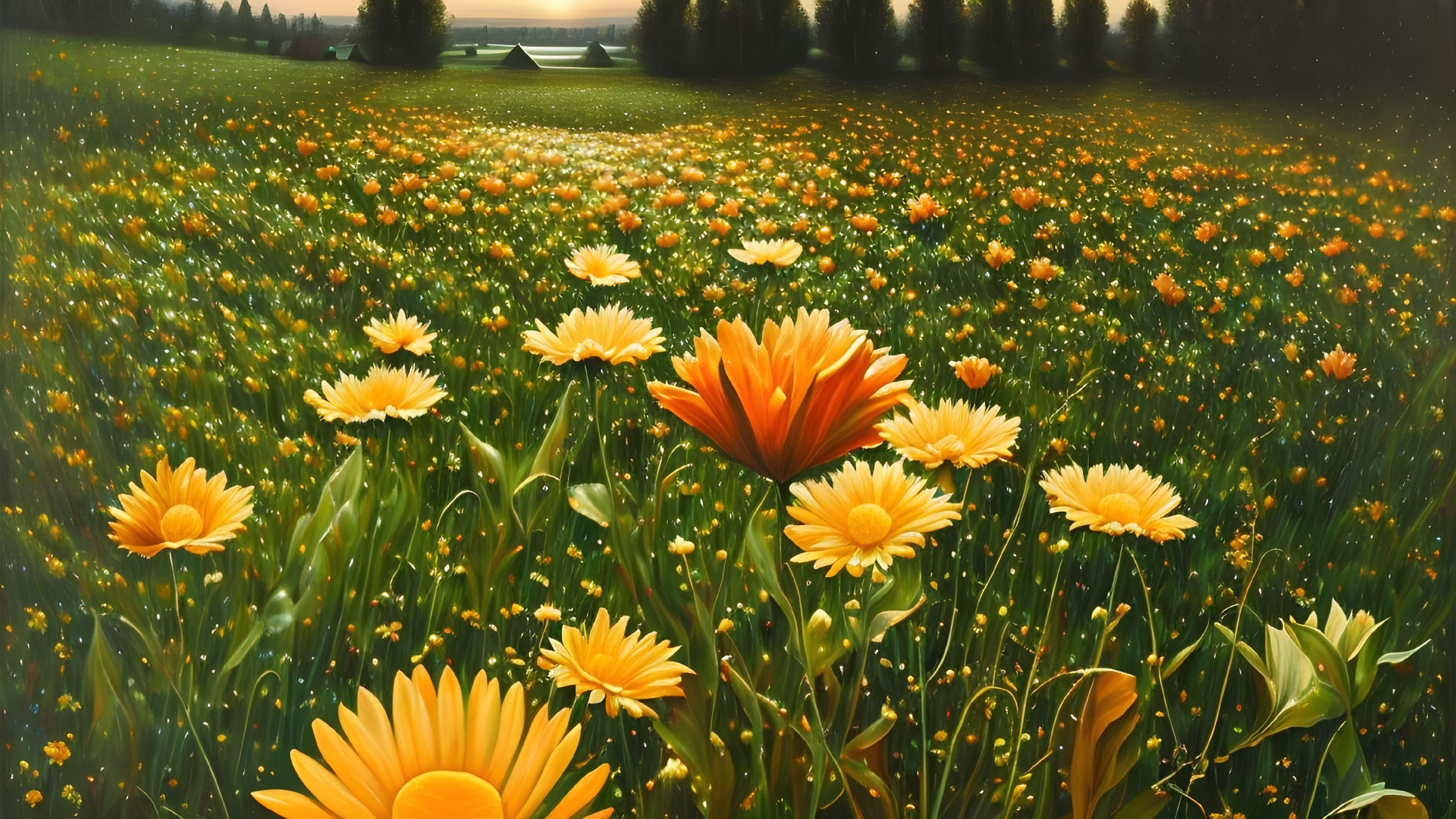 Tranquil green field with yellow flowers, trees, and house in golden light