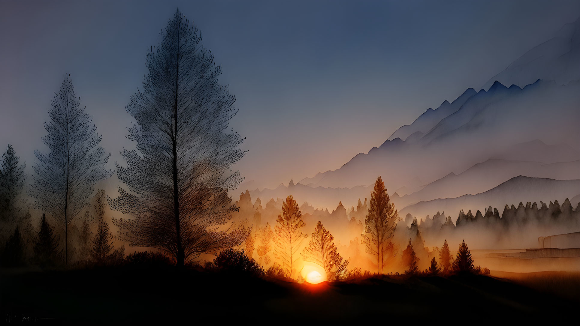 Tranquil sunrise with tree silhouettes and mountain ridges