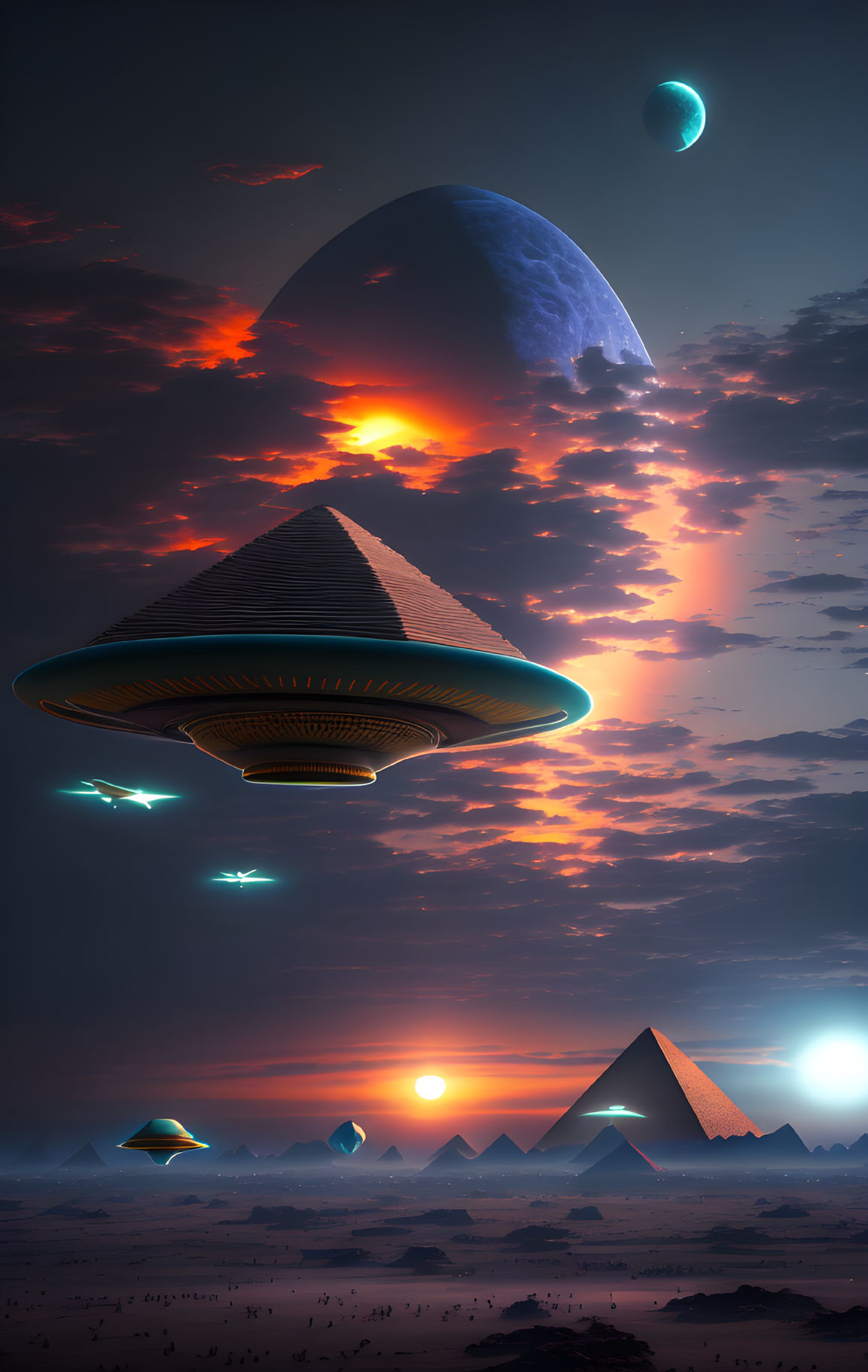 Majestic UFO over Egyptian pyramid landscape at sunset