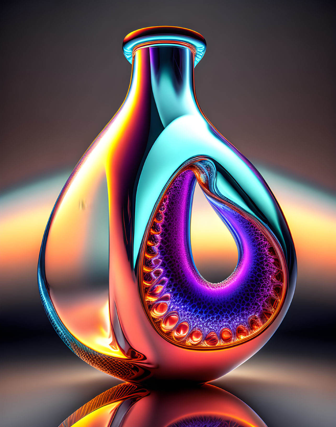 Colorful Teardrop Glass Sculpture with Bubble Texture on Orange Gradient Background