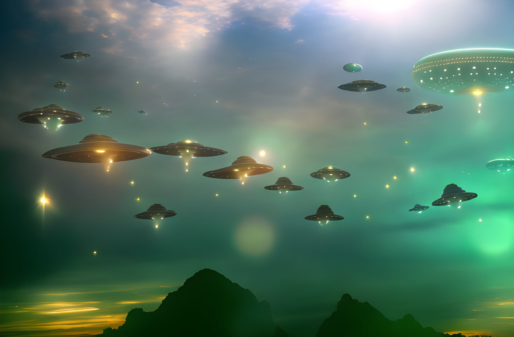 Glowing UFO Fleet in Green Sky Above Silhouetted Mountains