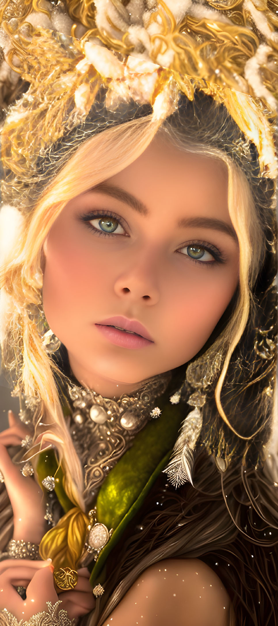 Person with Striking Green Eyes and Golden Adornments