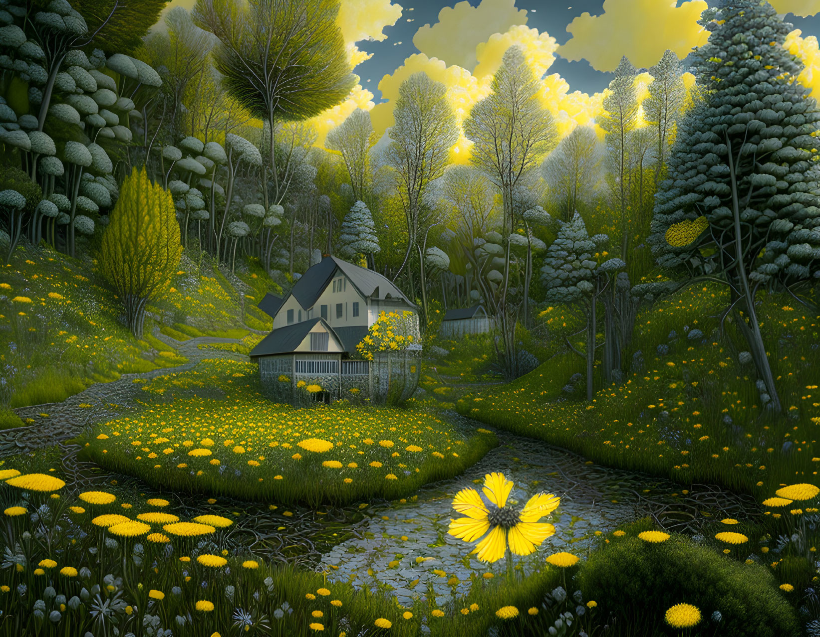 Fantastical greenery and yellow flowers around quaint house