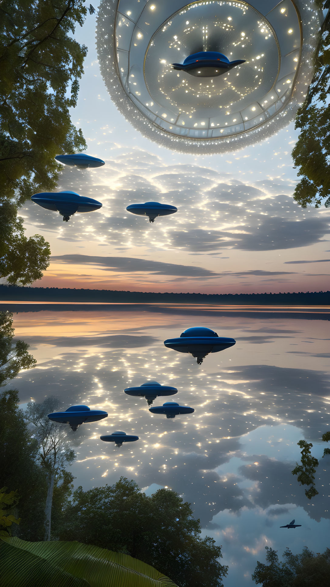 Glowing UFO fleet over serene lake at sunset